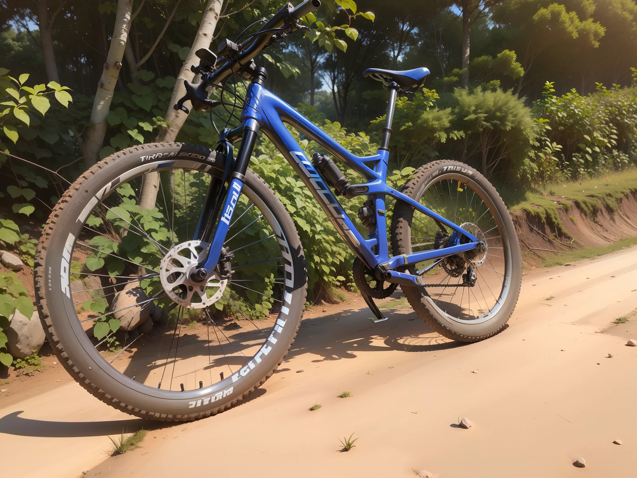Bicicleta estacionada em uma estrada de terra em frente a um arbusto, um tiro largo e cheio, full medium shot, Alma piedosa, Directed by: Tom Wänerstrand, tiro frontal completo, tiro de comprimento total, !!Beautiful!!, mid 2 0's female, Foto de perfil, tiro ultra largo, tiro frontal, Frente cheia, full-length view