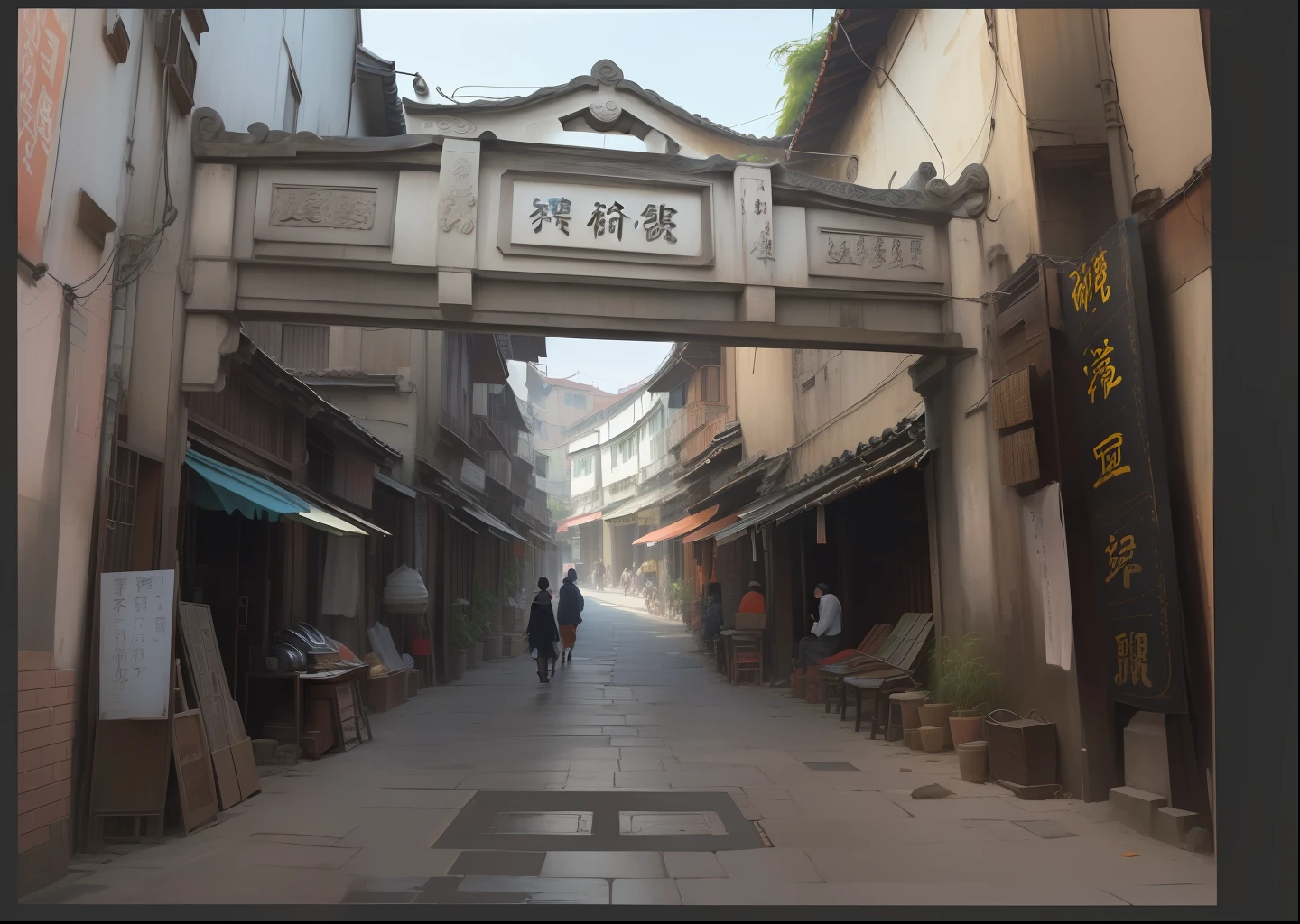 There is a street,There is a bridge above,The bridge has stone piers,There is a sign on it,Old city streets, old city, guangjian, zhouzhuang ancient town, in a narrow chinese alley, narrow and winding cozy streets, Old town, ancient city of white stone, colonial era street, china town, wet market street, author:Qu Leilei