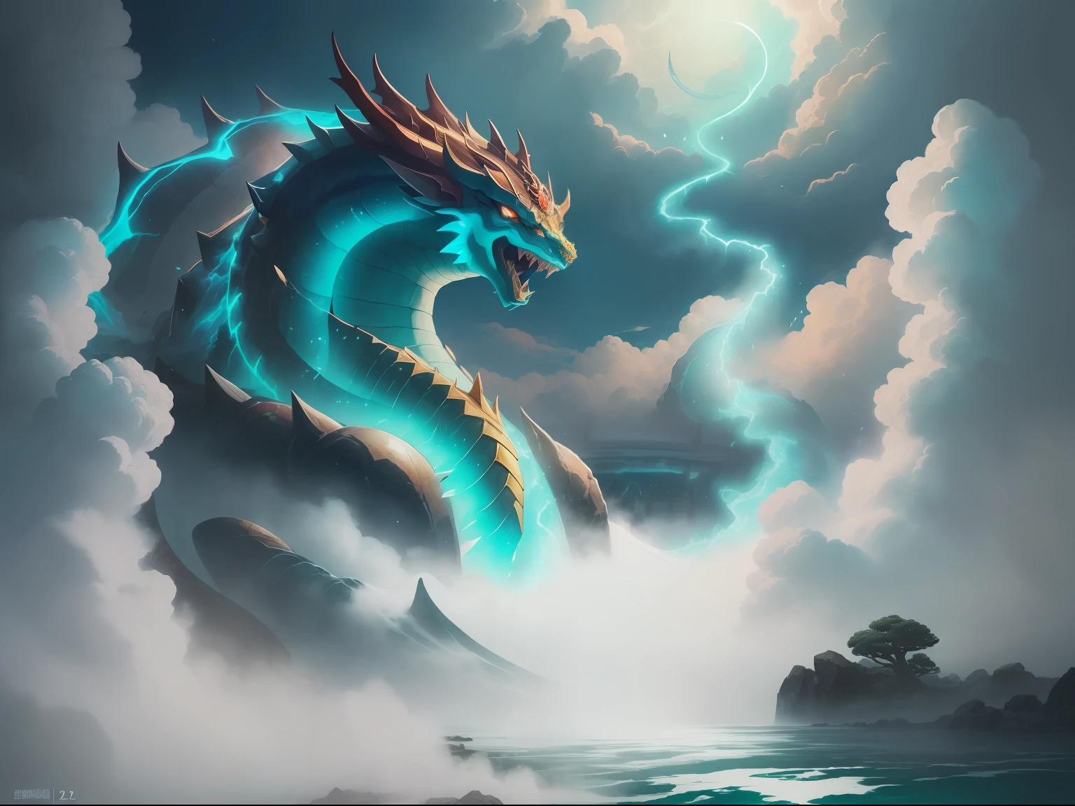 (High quality), epicd, (Glow: 1.3), shenron,ink and watercolor painting, a mythical creature, Dreamy clouds, Turquoise mist, blizzard, (close-up: 1.2), (Kaiju: 0.5), (Mengji:1.5), Beautiful eyes, Yamanoizumi Waterfall