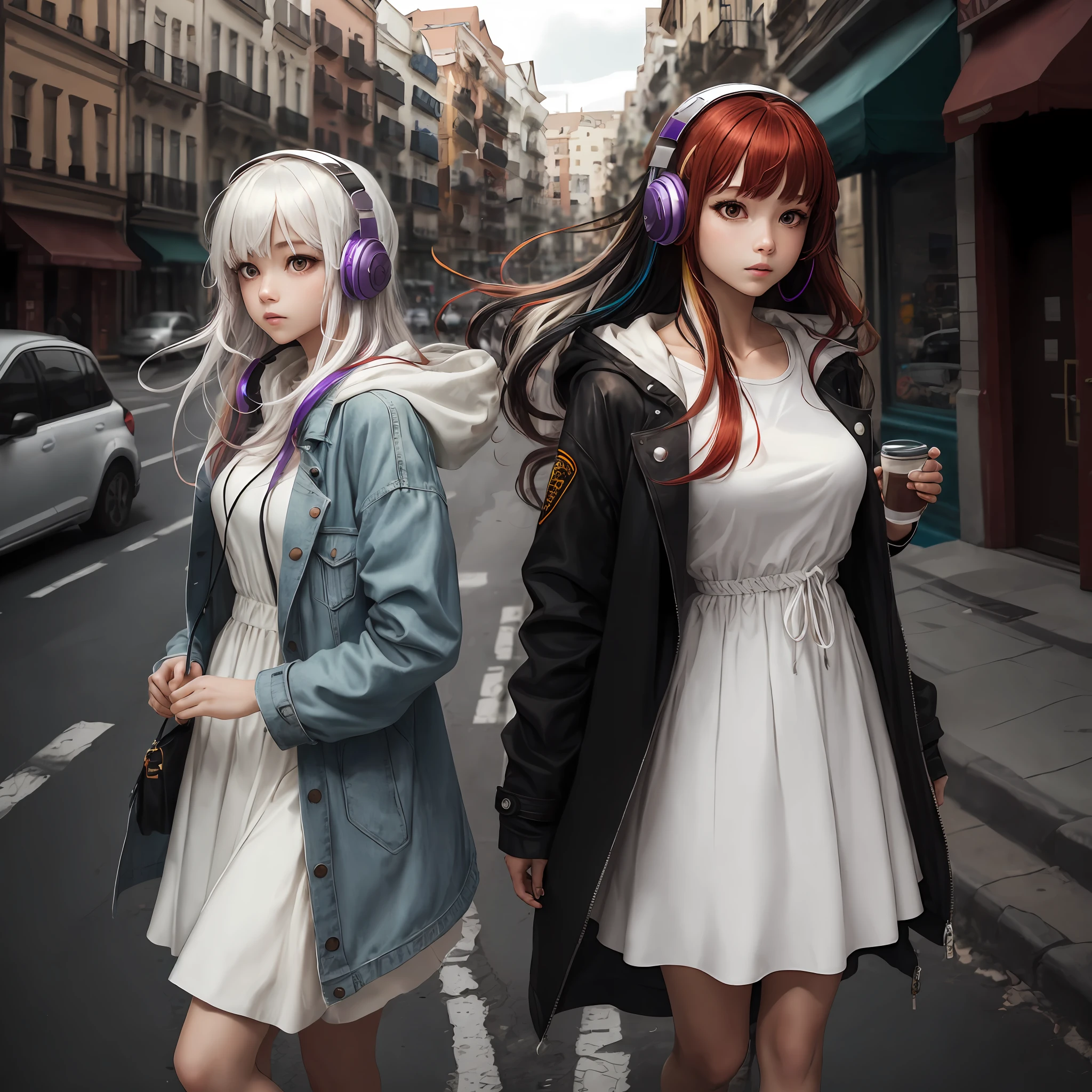 masterpiece, best quality, high resolution, 1 girl, color separation hair, hair more than one eye, red hair, multicolored hair, long hair, purple eyes, two-tone hair, hair ring, white dress, headphones, white hair, black ribbon, bangs, very long hair, medium breasts, long raincoat, open jacket, oversized clothes, standing, street, cowboy shooting, --auto