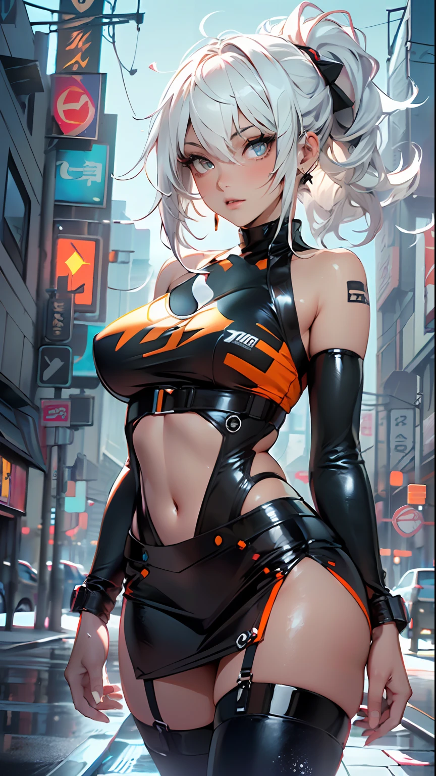 girl rave,(1girl:1.3),((anime girl with extremely cute and beautiful white hair walking seductively down the street)),
(large breasts:1.4),saggy breasts,(((white hair:1.35, straight hair, long hair:1.4, colored inner hair,ear breathing))),((very light yellow eyes:1.3,upturned eyes:1.3,perfect eyes,beautiful detailed eyes,rainbow glows ultra-detailed deep white yellow eyes:1.1,gradient eyes:1,finely detailed beautiful eyes:1,symmetrical eyes:1,big highlight on eyes:1.2)),(fat:1.2),((((black girl, black skin, dark-skinned_female, dark skin:1.3, ebony skin,lustrous skin:1.5,bright skin: 1.5,shiny skin,very shiny skin,shiny body,plastic glitter skin,exaggerated shiny skin, shiny skin like ebony))),(spider lower abdomen,narrow waist,wide hip,athletic body,inflated legs,delicate detailed fingers,detailed body,detailed arms,human hands, detailed hands),
cute,slutty,seductive,erotic,nsfw,
zettai ryouiki,revealing clothing,show skin,((rave shirt with an orange print, rave mini-skirt,visible thong straps)),(wearing a rave outfit:1.3,rave clothes,semi-naked,with little clothing,),(detailed outfit,detailed clothes),
(dynamic pose:1.0),solo focus,tongue sticking out, mischief, ,centered,scale to fit dimensions,Rule of thirds,
outdoors,(cyberpunk Background: 1.5, detailed background:1.25),sunny day, clouds
(Isometric: 1.0),double exposure,(masterpiece,best quality:1.3),(highres:1.5), absurdres,ultra detailed,cinematic light,realistic,ultra-realistic,high contrast,extraordinarily nice,vibrant colors,(intricate),HDR (High Dynamic Range),Ray Tracing,NVIDIA RTX,Super-Resolution,Unreal 5,Subsurface dispersion,PBR texture,Post-processing,Anisotropic filtering,Depth of field,Maximum clarity and sharpness,Multilayer textures,Albedo and specular maps,Surface shading,Accurate simulation of light-material interaction,Octane Render,Two-tone lighting,Wide aperture,Low ISO,White balance,8K RAW,Saturation