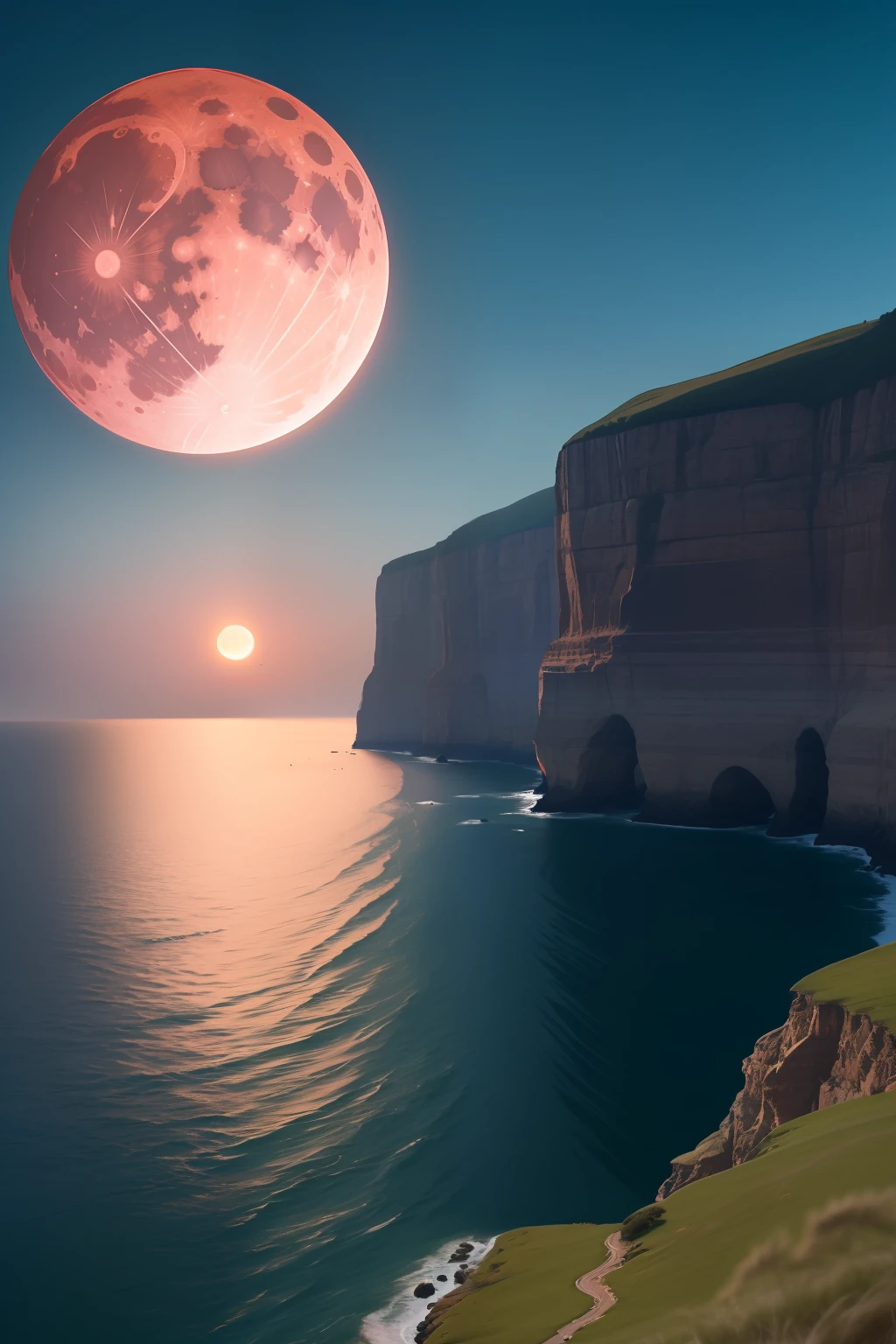 Close to the cliffs at right angles,Particularly round red moon,misterious,The gray sky is pure and cloudless,The picture color is clean,8K HD realism,