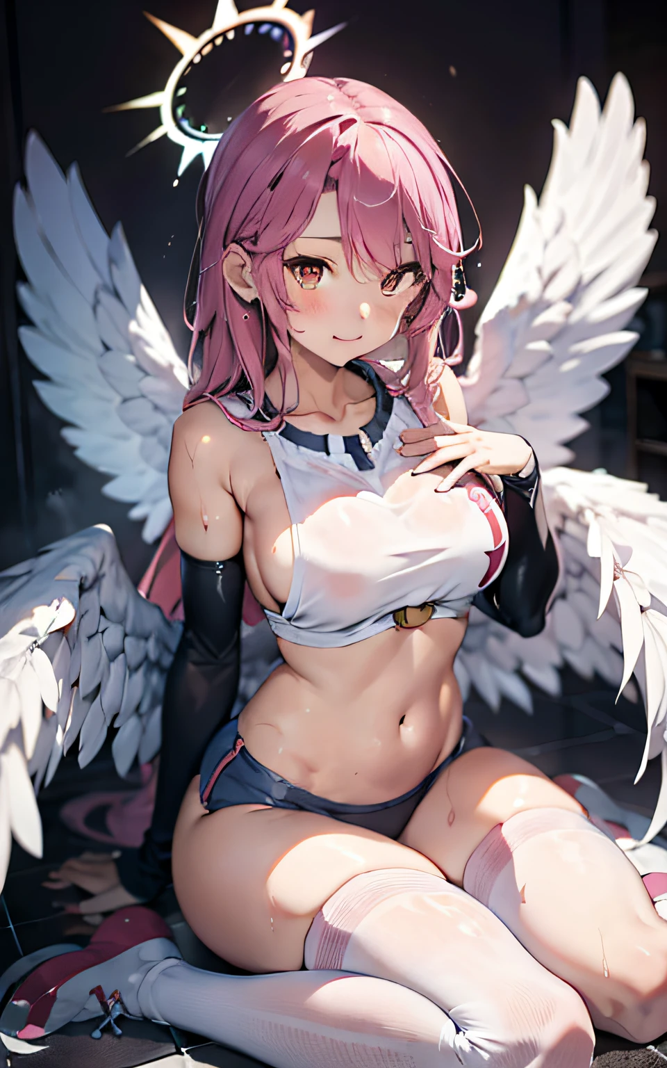 jibril \(no game no life\), solo, long hair, large chest, large breasts, sideboob, side boob, halo, pink hair, pink stocking, low wings, gloves, asymmetrical legwear, angel wings, very long hair, white wings, , feathered wings, orange eyes, shoes, multi-coloured eyes, thigh highs, crop top, cross, sitting, towel, cleavage, wet, wet clothes, water, blush,