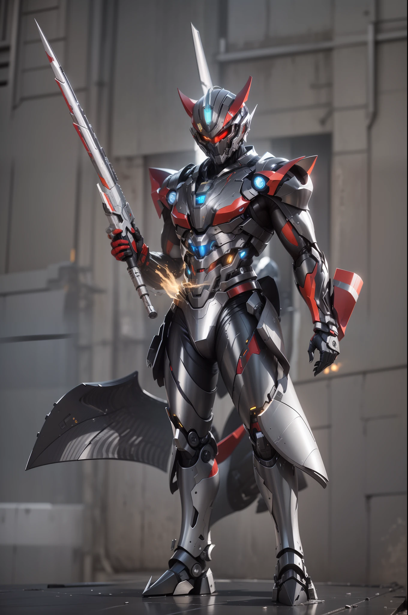 photorealestic,Machinary,mechs,Technologie,musculous,glowing light eyes,Burly body,style of photography,Real scenery(Metallic texture 1.8)(Excess detail 2)(High resolution1.6)(4K clarity1.9)(Carbon fiber 1.5)(Metal reflection 1.5),With a weapon in his hand