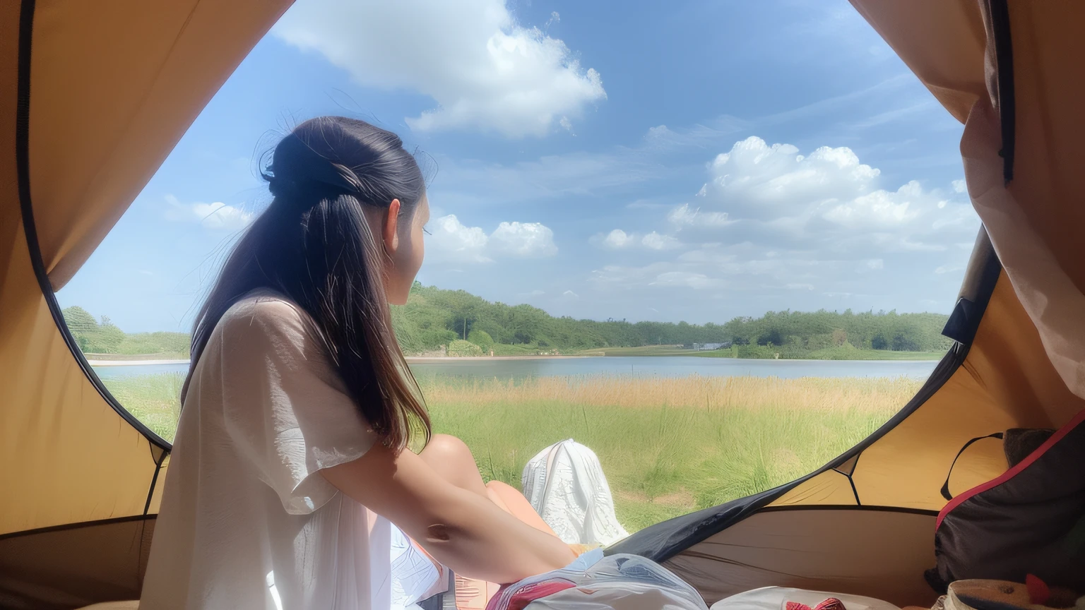 There was a girl sitting in a tent looking at the water, sentado em frente a um lago, sittinng on the river, chill time. Good view, gazing at the water, panoramic view of girl, perto de um lago, dreaming about a faraway place, Lake in the background, beautiful tranquil day, gulper eel, near a river, beside a river --auto