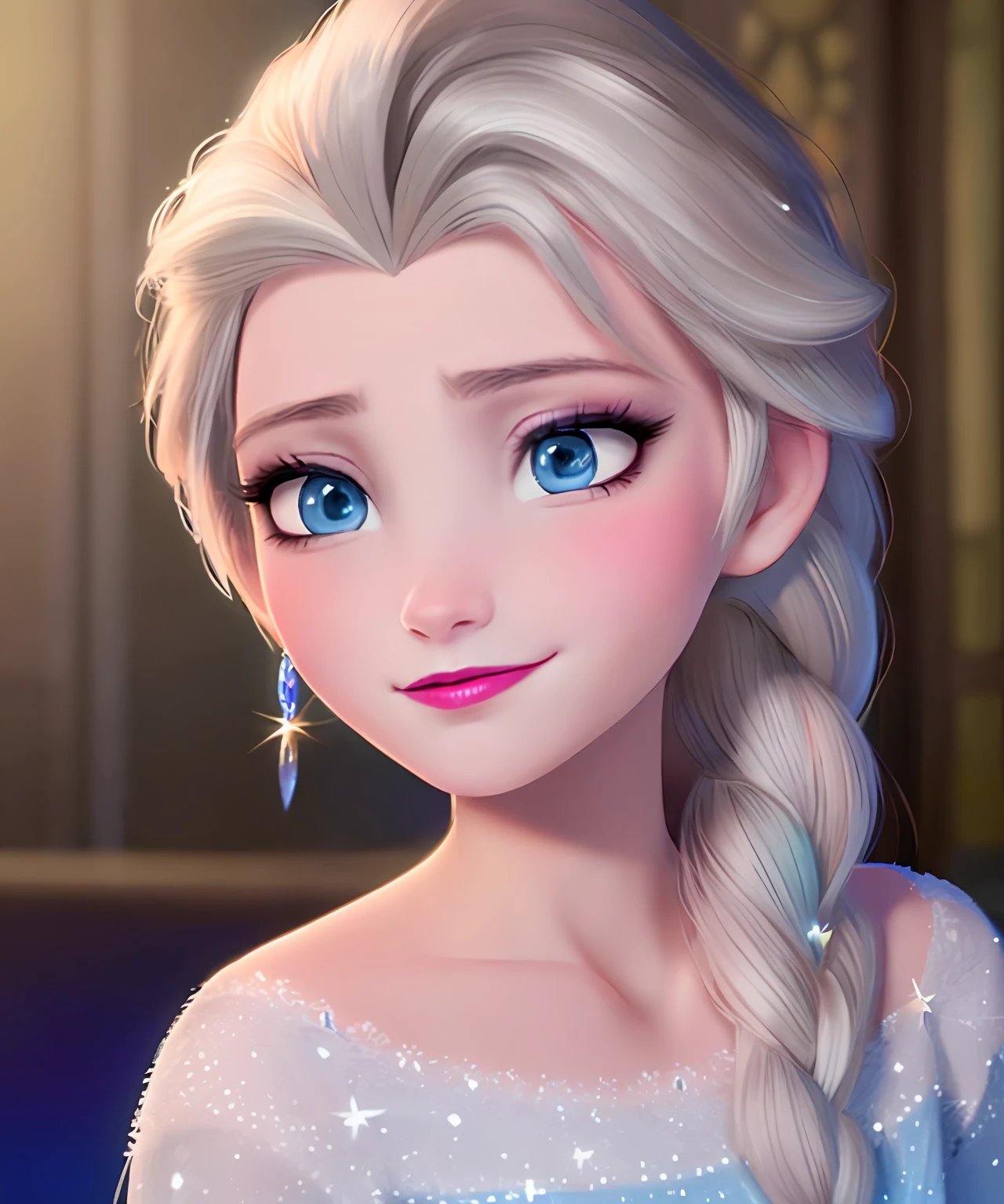 (Obra maestra:1.4), (Mejor calidad:1.4), (High resolution:1.4), (noche:1.2), (retrato:1.2),  Elsa de Arendelle, vestido azul hielo, (single braid:1.1) ,single braid, Estilo disney, animacion disney, pelicula disney, ,fotografia profesional,  close mouth, boca cerrada, ligera sonrisa