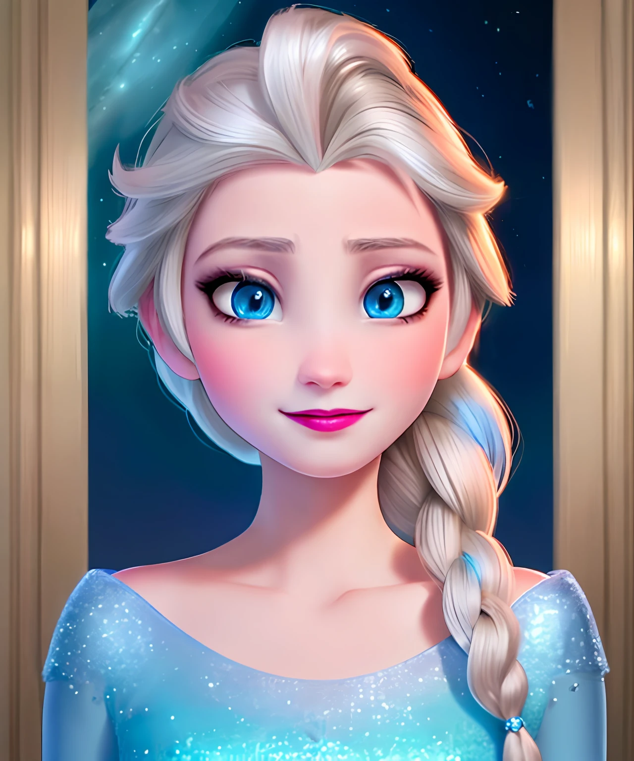 (Obra maestra:1.4), (Mejor calidad:1.4), (High resolution:1.4), (noche:1.2), (retrato:1.2),  Elsa de Arendelle, vestido azul hielo, (single braid:1.1) ,single braid, Estilo disney, animacion disney, pelicula disney, ,fotografia profesional,  close mouth, boca cerrada, ligera sonrisa