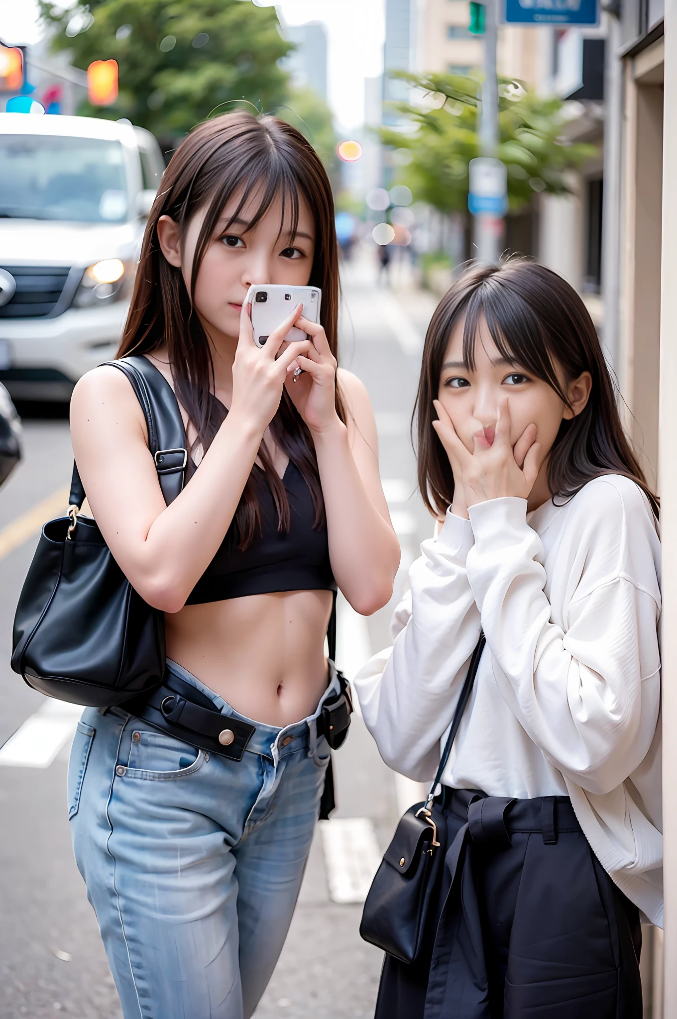 Two Asian women standing next to each other on the street, captured on canon eos r 6, taken with canon eos 5 d mark iv, nixeu and sakimichan, taken with canon 5d mk4, Shot with Canon EOA 6 D Mark II, shot with Nikon Z9, taken with sony alpha 9, shot with Canon EOS R 5
