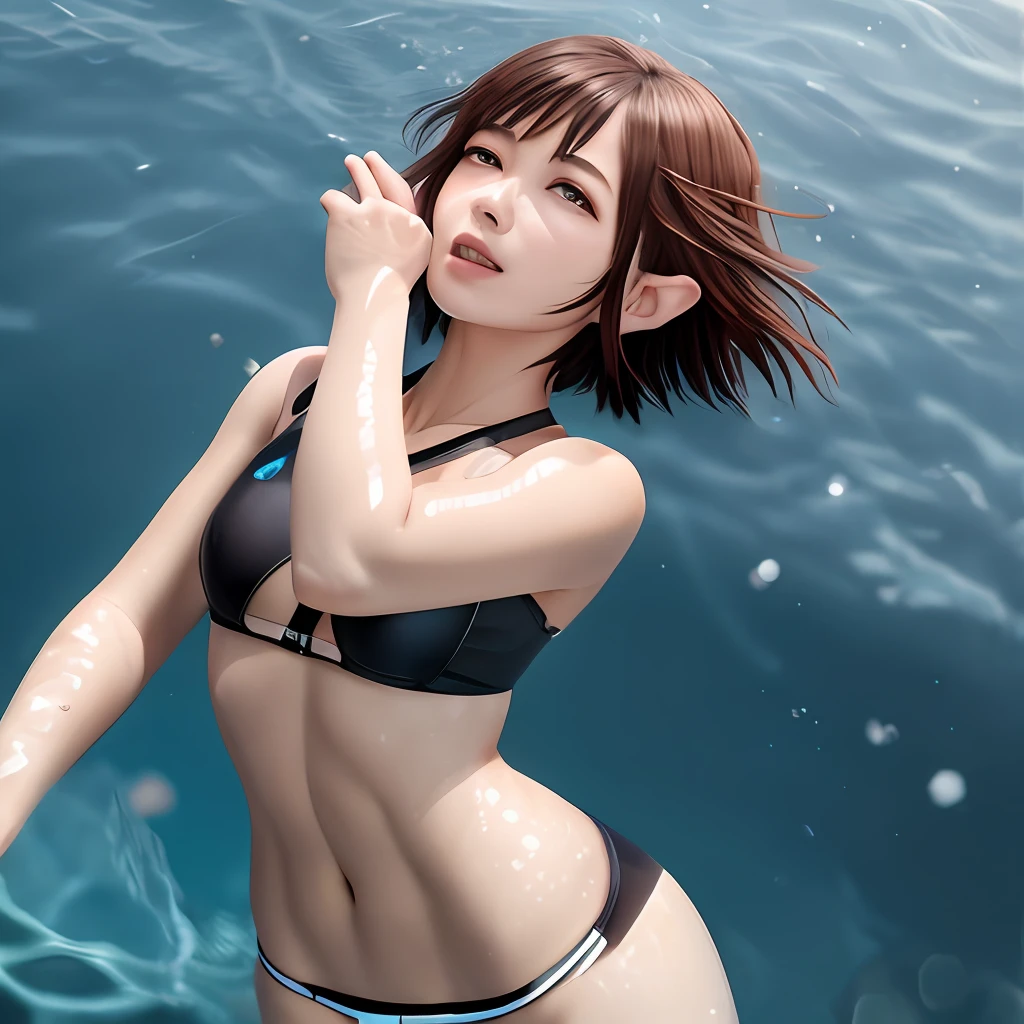 Tears of the Kingdom，Short hair Zelda，ultra cool，swim wears，Lateral face，photorealestic，k hd，Low saturation，High brightness，skin detailed，Hair texture，with a good figure。