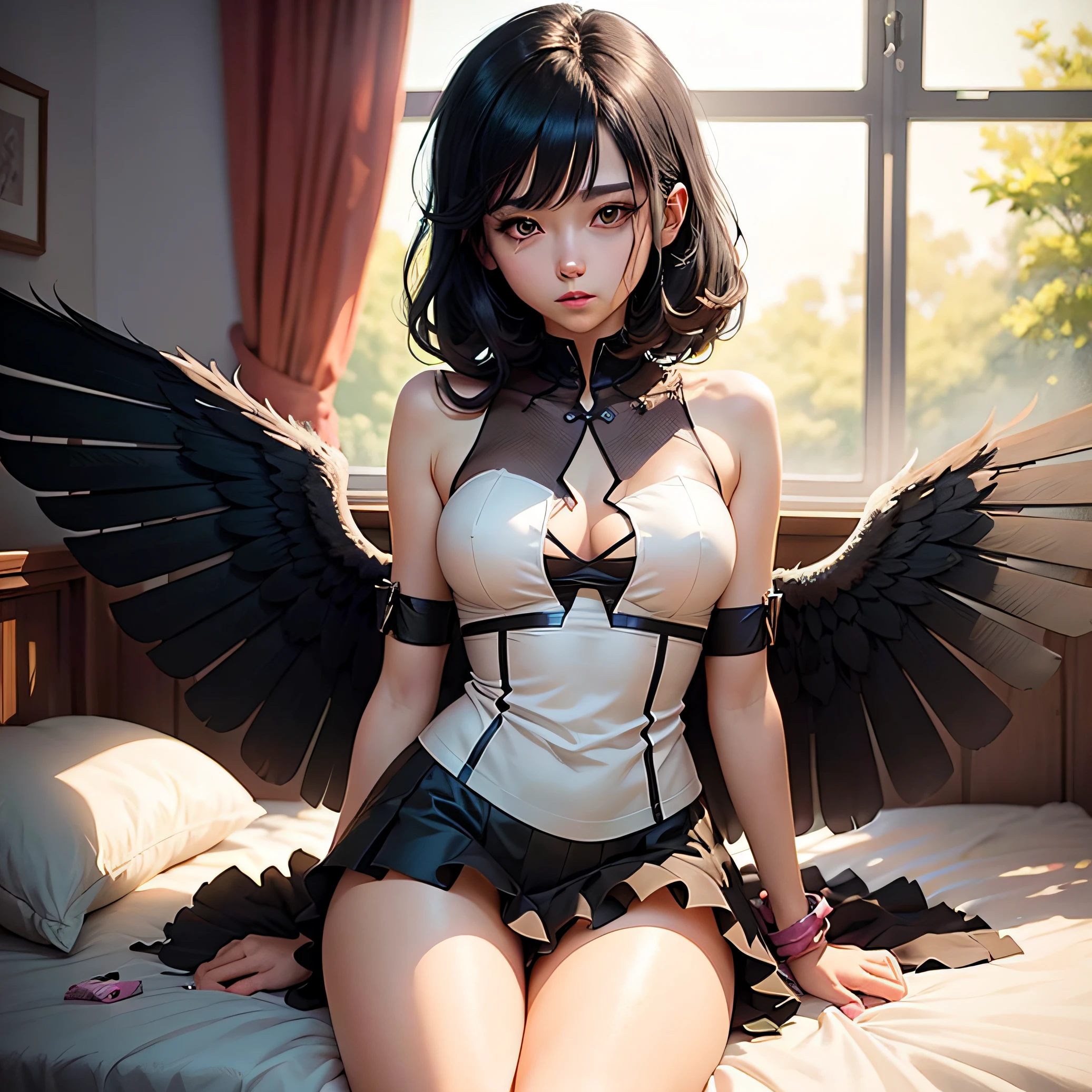 Anime girl with black hair and white wings sitting on bed, seductive anime girls, Guviz, demon anime girl, gapmoe yandere grimdark, (Anime girl), Anime moe art style, nightcore, Anime girl, Best Rated on pixiv, Guviz-style artwork, made with anime painter studio, An anime girl, Beautiful anime girl，Whole body diagram --auto
