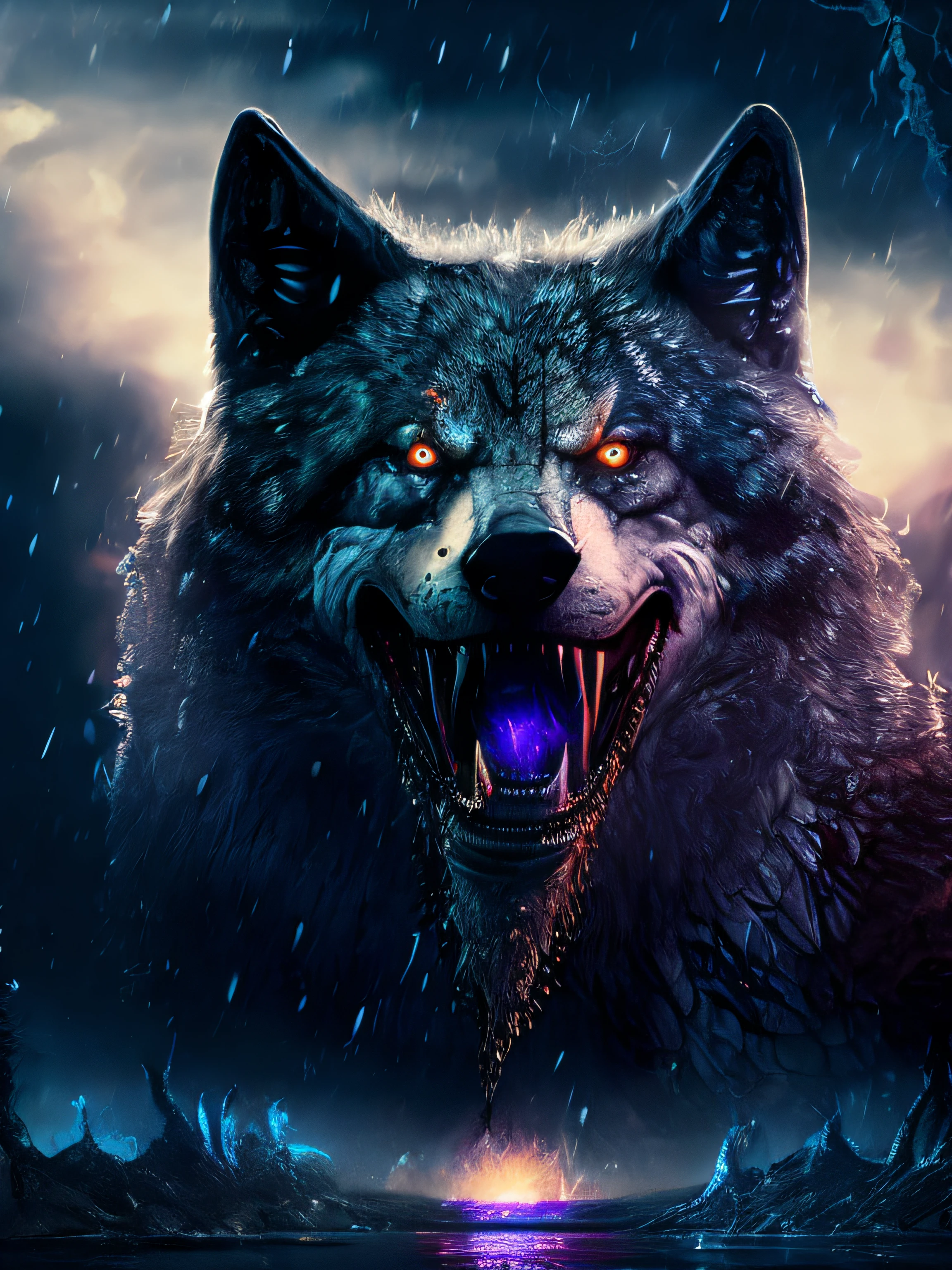 Wolf God, surreal, tense, cold, highly detailed, sharp, professional, 8k UHD, movie, dark, violent, outdoor, river, battle, chase, dramatic, vivid, tense atmosphere, rendering, epic, twilight, HDR, album cover, blizzard, lightning, disaster