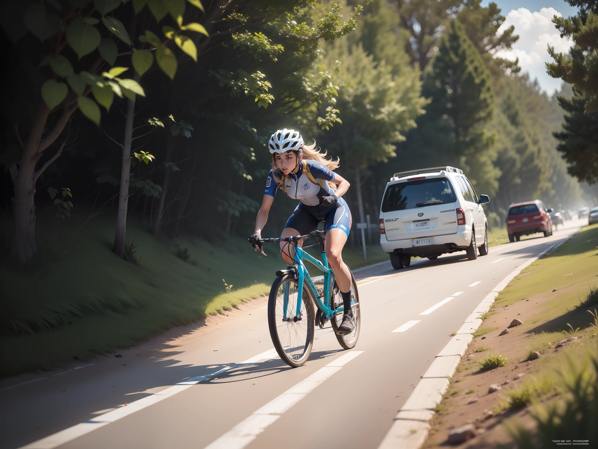Bicicleta estacionada em uma estrada de terra em frente a um arbusto, um tiro largo e cheio, full medium shot, Alma piedosa, Directed by: Tom Wänerstrand, Tiro frontal completo, tiro de comprimento total, !!Beautiful!!, mid 2 0's female, Foto do perfil, Ultra long launch, Tiro frontal, Frente cheia, full-length view