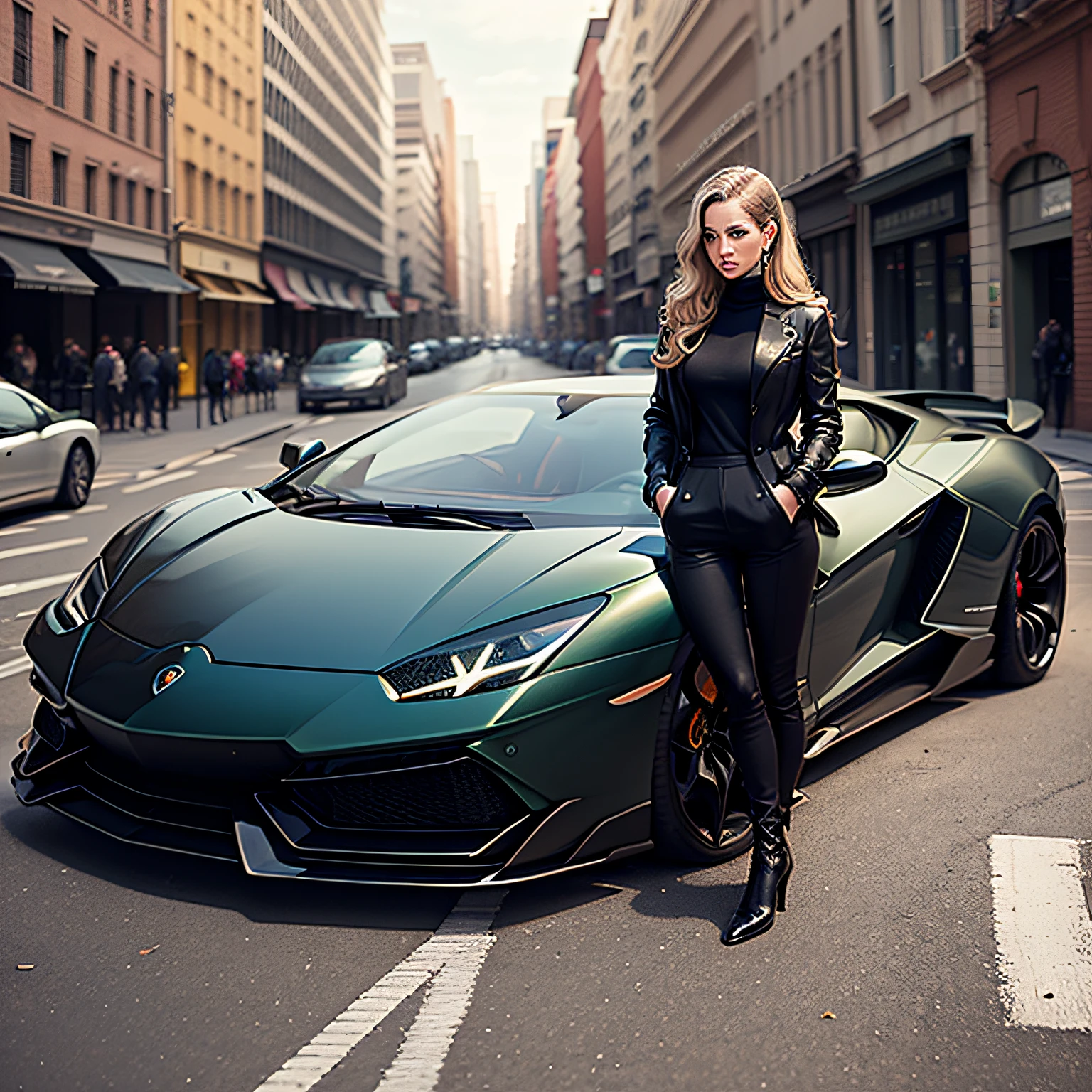 The woman stands in front of the Lamborghini --auto