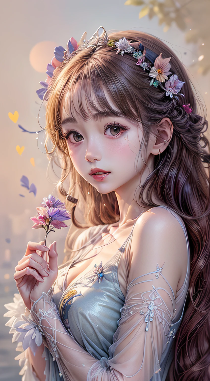Beautiful girl story wrapped in love, Beautiful eye details, A captivating anime girl gracefully emerges from the pages of a watercolor painting, Her vivid and complex colors are, Bring your artwork to life, (see-through transparent clothes, transparent costume:1.5), She dons an extraordinary fantasy costume adorned with delicate details, reflecting the enchanting world she inhabits, Luminescent elements, like glowing crystals and ethereal wisps, surround her, casting a soft, otherworldly glow,  The style of watercolor painting is、Imbues the image with a sense of fluidity and delicacy, as if the colors are effortlessly blending and bleeding into one another, Camera shot: medium shot, Soft Focus, luminescent glow　Lighting, watercolor brushstrokes, Sophisticated and very delicate anime illustration, unique colors, Portrait of an anime girl, infinite love, rainbow-colored,  beautiful girl illuminated by seven colors of light,