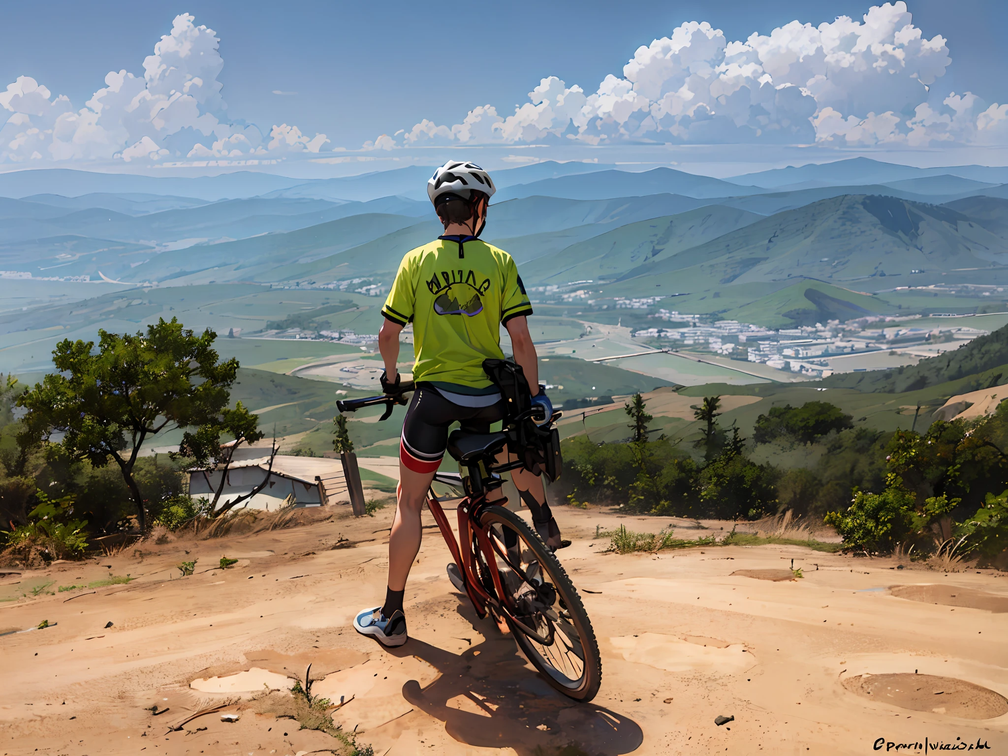 There is a man standing on a hill with a bicycle, com uma cidade em segundo plano, Postagem no Reddit, Bram Sels, Alma piedosa, Selvas ao fundo, vista para milhas, imagem de perfil, ciclismo!!, foto de perfil, caio santos, com montanhas ao fundo, against the backdrop of trees, Directed by: Warren Mahy, bela vista