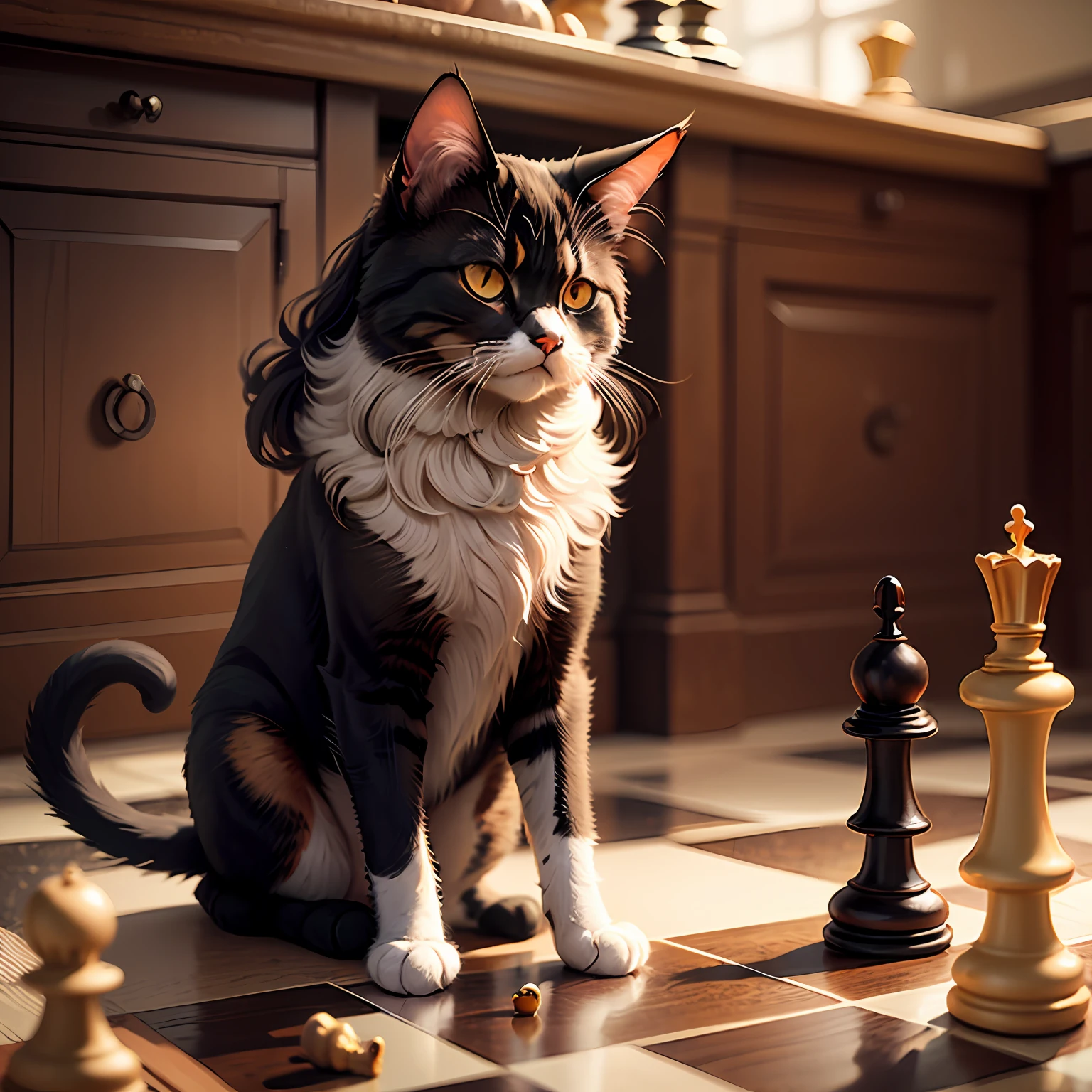 Long-haired curly-eared cat,cavalier,Stand up,background in war,Chess pieces in hand --auto