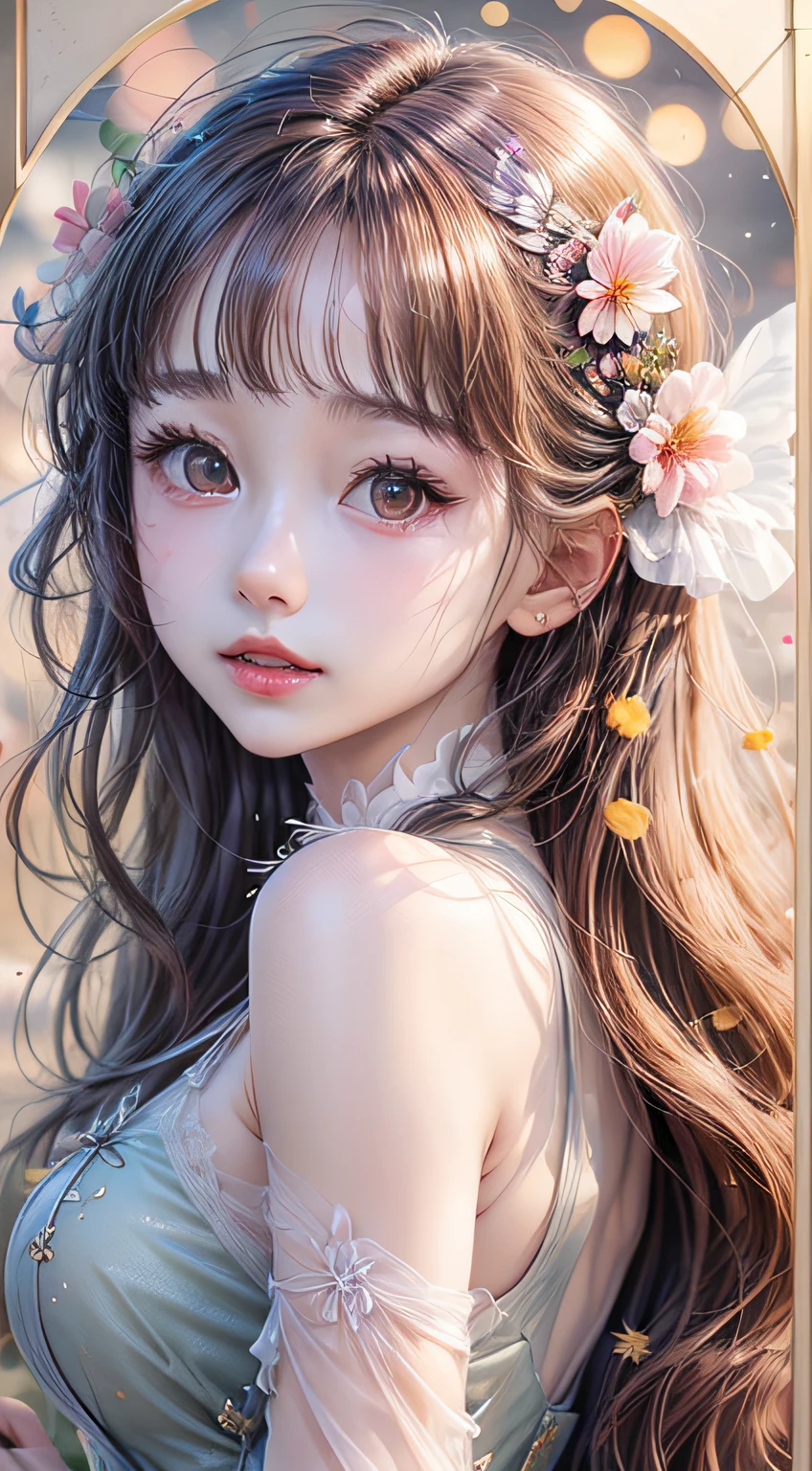Beautiful girl story wrapped in love, Beautiful eye details, A captivating anime girl gracefully emerges from the pages of a watercolor painting, Her vivid and complex colors are, Bring your artwork to life, (see-through transparent clothes, transparent costume:1.5), She dons an extraordinary fantasy costume adorned with delicate details, reflecting the enchanting world she inhabits, Luminescent elements, like glowing crystals and ethereal wisps, surround her, casting a soft, otherworldly glow, The style of watercolor painting is、Imbues the image with a sense of fluidity and delicacy, as if the colors are effortlessly blending and bleeding into one another, Camera shot: medium shot, Soft Focus, luminescent glow Lighting, watercolor brushstrokes, Sophisticated and very delicate anime illustration, unique colors, Portrait of an anime girl, infinite love, rainbow-colored, beautiful girl illuminated by seven colors of light,