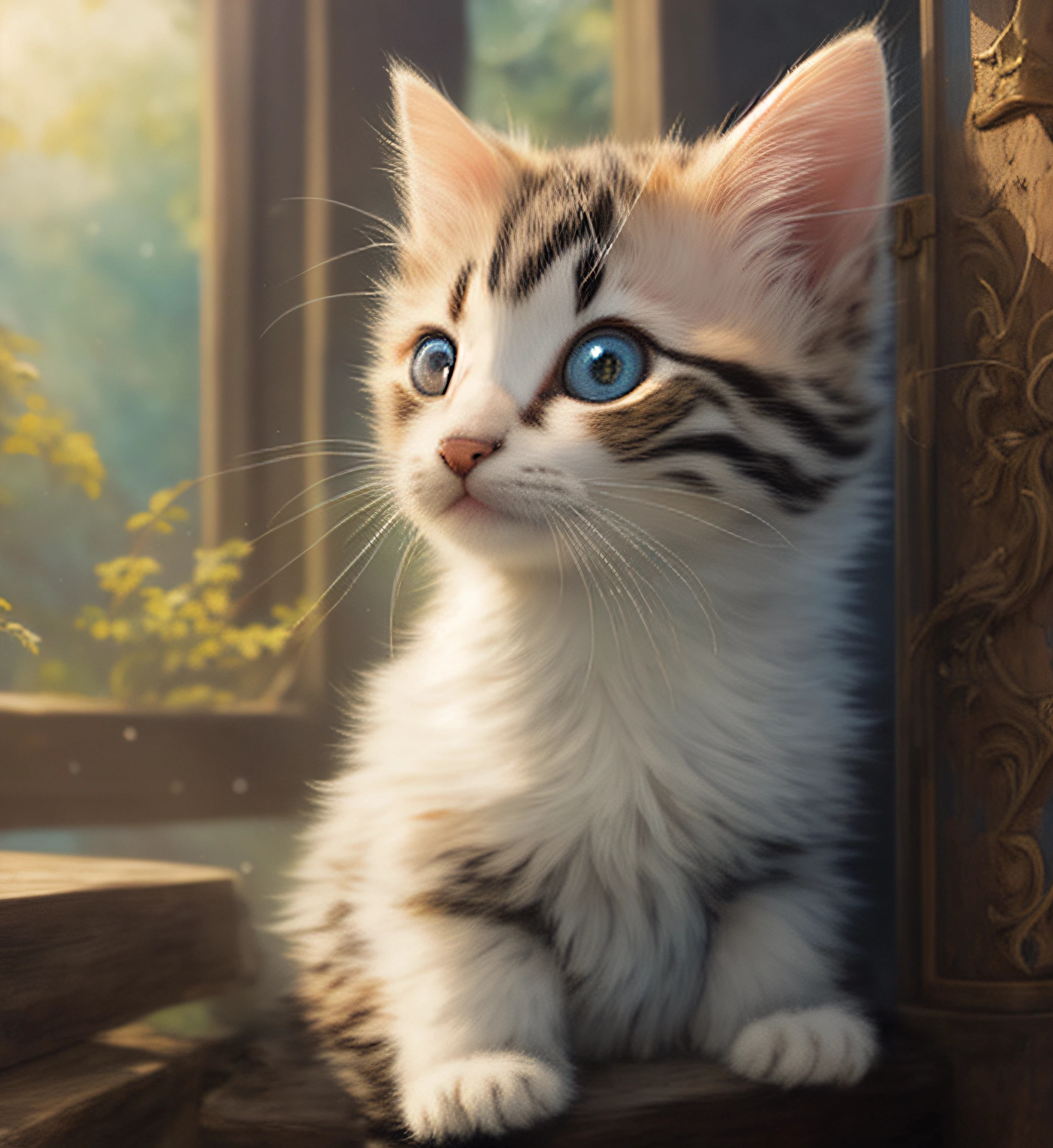 There's a kitten that's looking out the window, painting digital adorable, arte digital detalhada bonito, bela arte digital, Arte digital altamente detalhada em 4k, Gatinho Anime Realista, pintura detalhada 4K, arte detalhada bonito, pintura digital altamente detalhada, bela arte digital, pintura digital altamente detalhada, Arte digital detalhada em 4k, Arte de fantasia hiperrealista