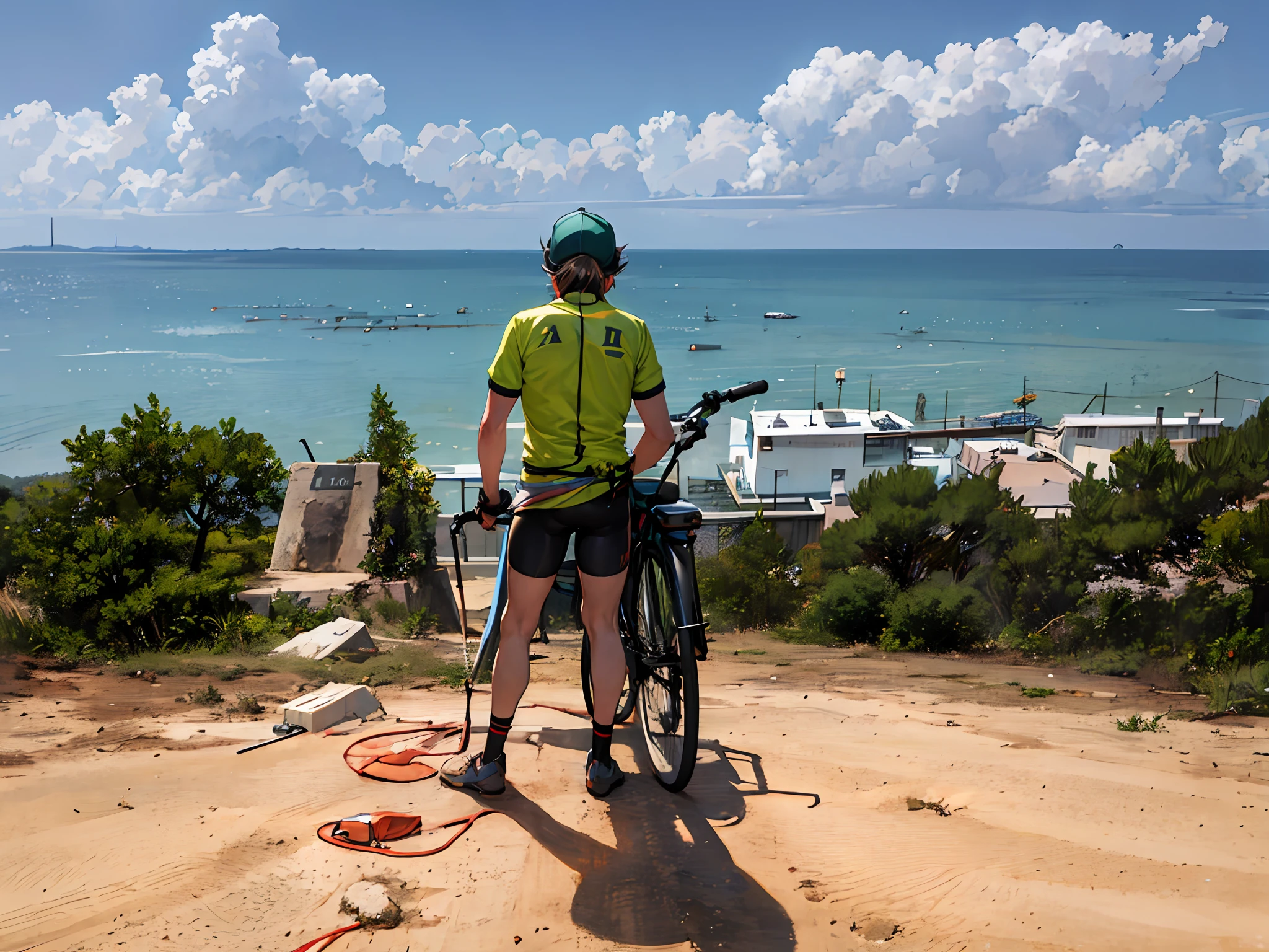 There is a man standing on a hill with a bicycle, com uma cidade em segundo plano, Postagem no Reddit, Bram Sels, Alma piedosa, Selvas ao fundo, vista para milhas, imagem de perfil, ciclismo!!, foto de perfil, caio santos, com montanhas ao fundo, against the backdrop of trees, Directed by: Warren Mahy, bela vista