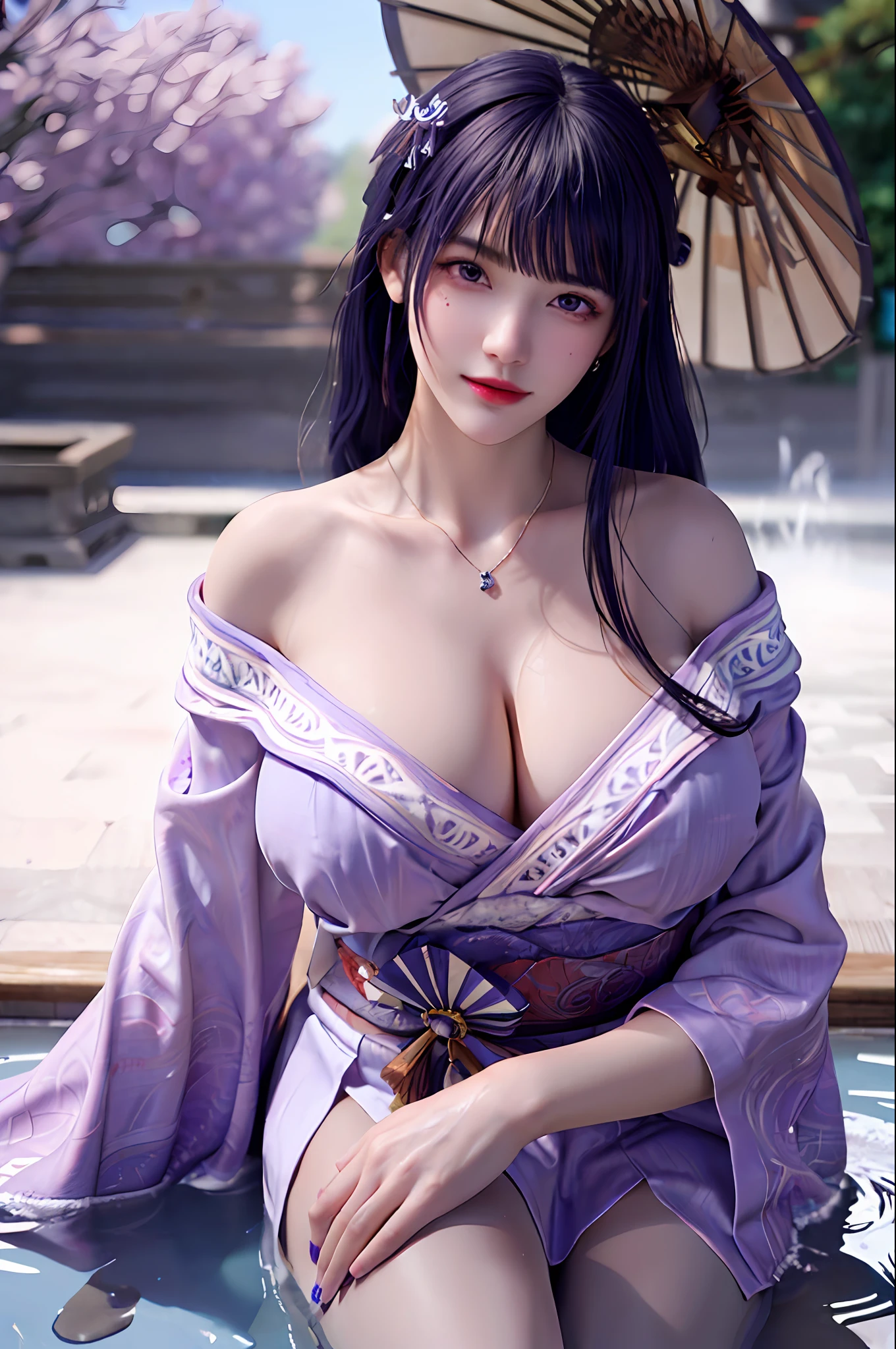 delicated best quality ,masterpiece, illustration, an extremely delicate and beautiful, extremely detailed ,CG ,unity ,8k wallpaper, Amazing, finely detail, masterpiece,best quality,official art,extremely detailed CG unity 8k wallpaper,absurdres, incredibly absurdres, huge filesize , ultra-detailed, highres, extremely detailed,beautiful detailed girl, extremely detailed eyes and face, beautiful detailed eyes,light on face,1girl, ((Raiden shogun/genshin impact), (Super realistic), (((purple hair))), ((single braids)), ((braided ponytail)), (bangs), ((purple eyes)), ((jewelry)), (((describe the arm in detail))), ((anatomically accurate)), (((Super boobs))), ((Big ass)),  ((thighs)), ((Detailed description of the legs)),  ((Plump body)), (Big breasts), ((Plump boobs)),, (detailed description of hair), (ruby necklace), (gem earrings), 
 ((upper body)), (Bare shoulder), ((collarbone)), ((offshoulder)), (Shiny skin), (detailed description of face), (detailed description of body), (white and translucent skin), peerless beauty, (extreme beauty), (red lips), (shy ), ( smile), ((facing the viewer)), ((facing)), ((Japanese clothes)), (((kimono))), ((long sleeves)), ((wide sleeves)), ((Japanese hot spring)), the water surface is reflective, (any pose), (((soaked))), ((Soak your feet in the Water)), ((There is a lot of water on the body))