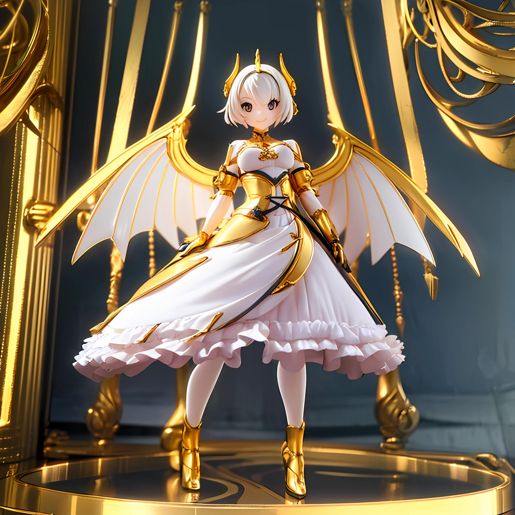tmasterpiece,Need,detail-rich,full body1.2,Solitude,golden theme,Mechanical super cute female warrior,standing on your feet,Wings,Smile,circular base,Clay texture,Black and white background,Natural light,arte 3D,C4D,3Drenderingof,The painting style is harmonious。