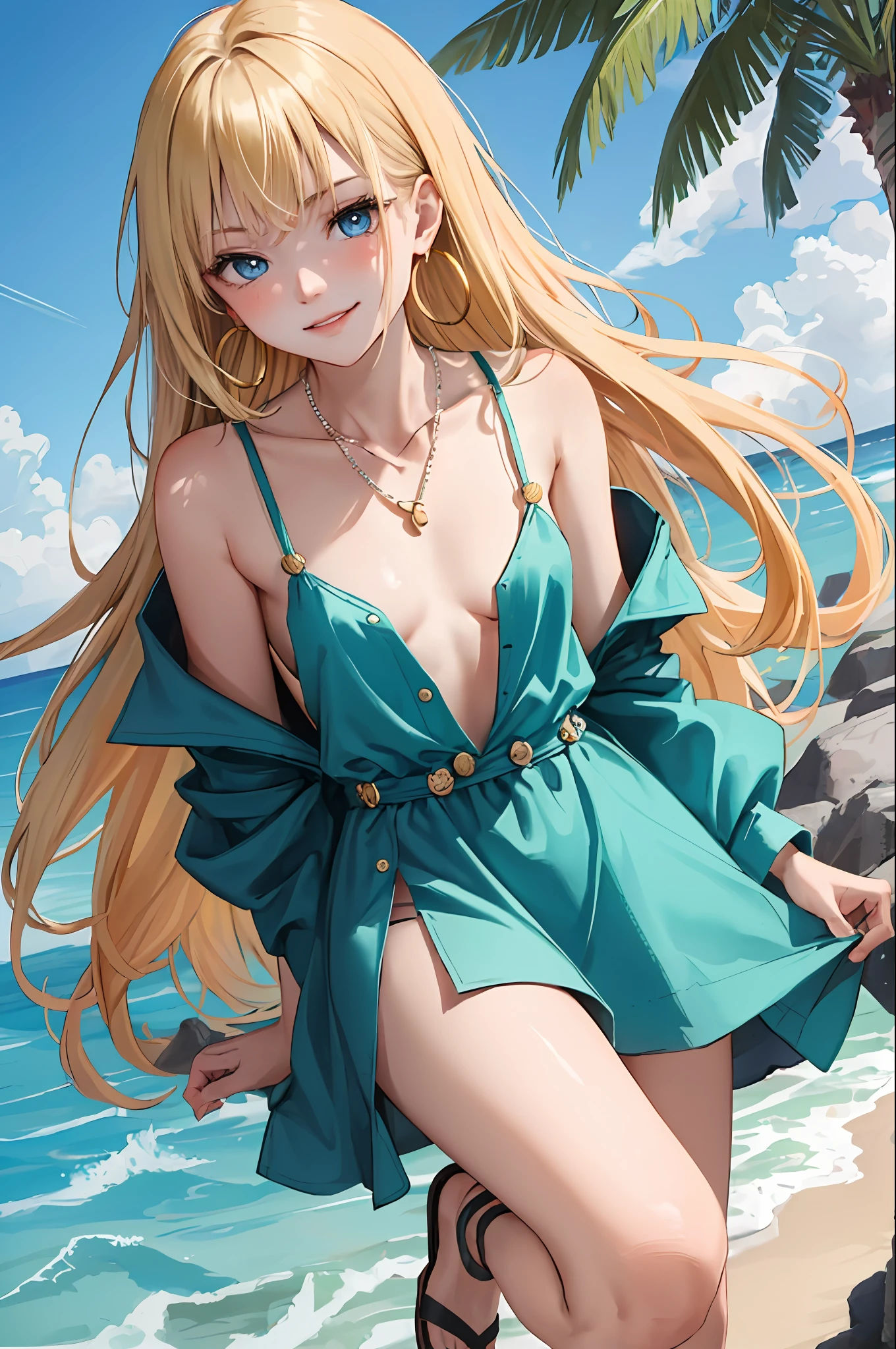 (masterpiece:1.2, best quality), 1girl, smirk, slim, slender, blue eyes, sharp eyes, small_breasts, flat_chest, facing viewer, dress, strappy sandals, simple hoop earrings, shell necklace, down blouse, embarrassed, long blonde hair, ^ ^, nature, green sea, serene spaces,