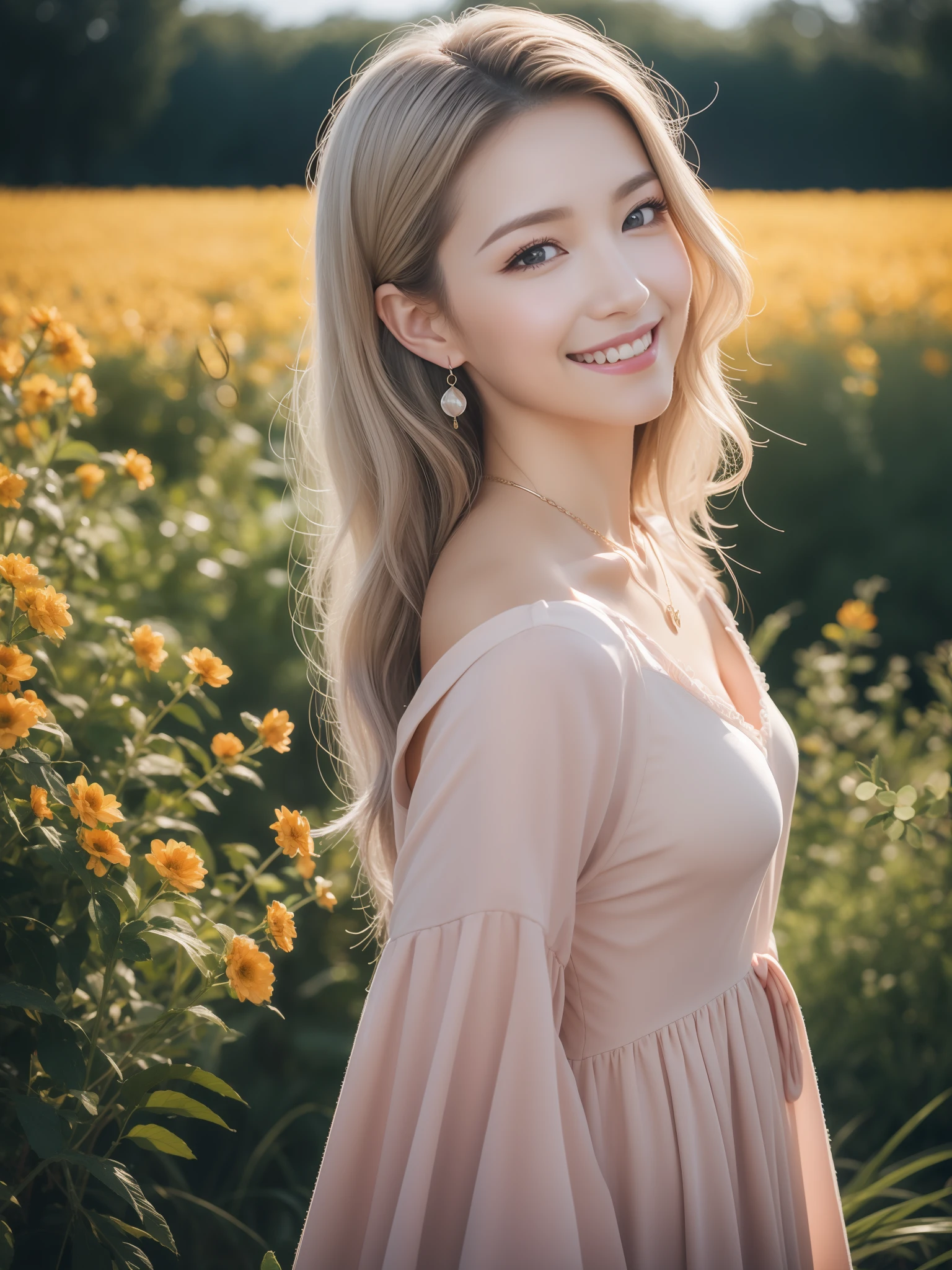 medium boob,Elsa, 20 I, Gray eyes, Gray hair, Long Zigzag Part Hairstyle, Scandinavia, {{wearing Light Pink victorian era women dress}}, at autumn misty flower field, subtropical flowers and plants, Side view, Shallow depth of field, Earrings, adiamondnecklace, during sunrise, Cinematic lighting, {{{{Masterpiece}}}}, {{Best quality}}, {{A high resolution}}, Original, Extremely detailed 8K, {{{{{{{Photorealistic}}}}}}}, Flawless face, Perfect eyes, symmetrica body shape, {{full body}}, Smile,