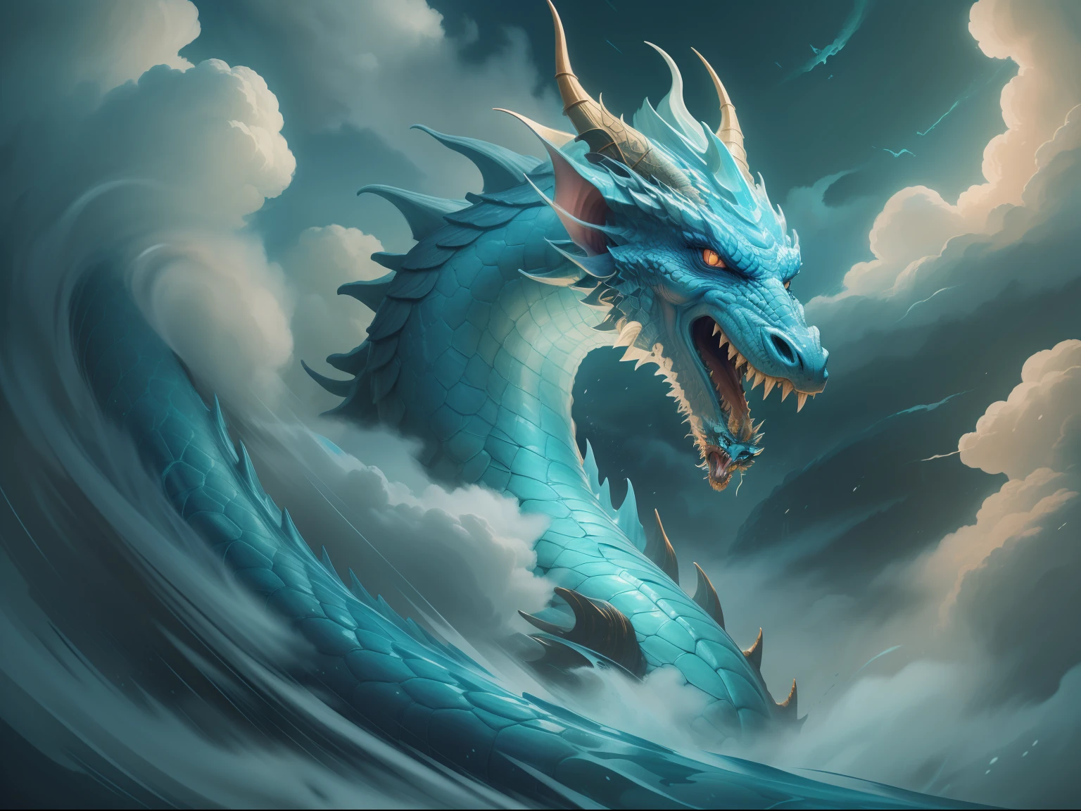 (High quality), epicd, (Glow: 1.3), Clouds like a dragon,ink and watercolor painting, a mythical creature, Dreamy clouds, Turquoise mist, blizzard, (close-up: 1.2), (Kaiju: 0.5), (Mengji:1.5), Beautiful eyes, Yamanoizumi Waterfall