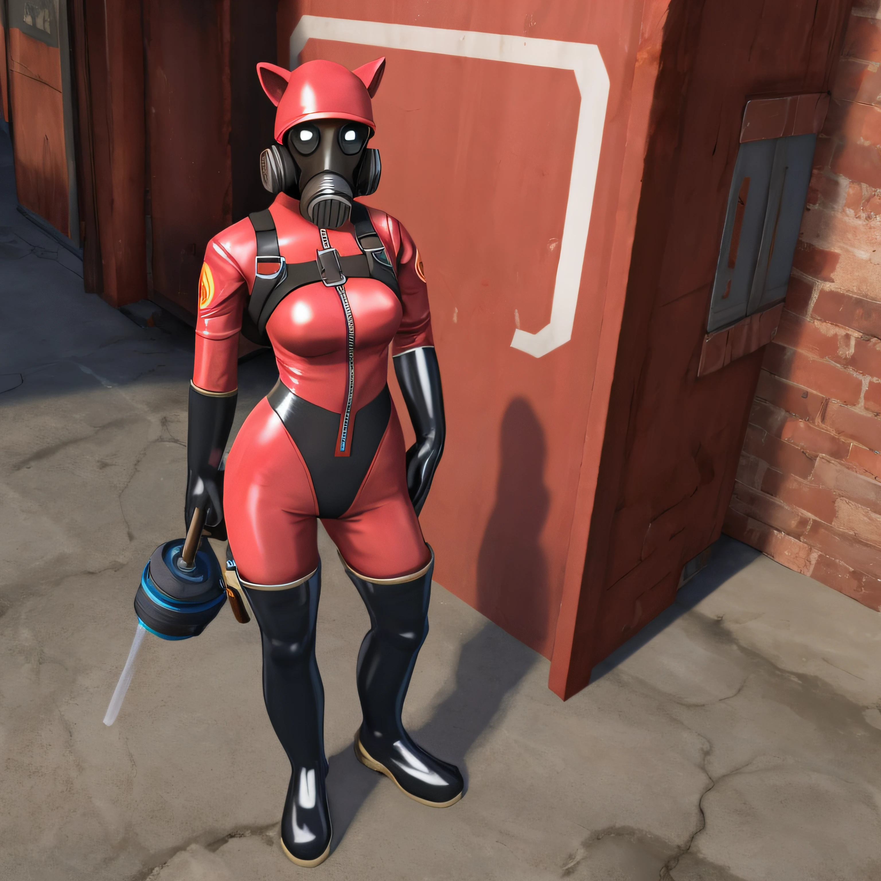 team fortress, latex, red bodysuit, harness, gas mask, skin tight, small breasts, female, solo