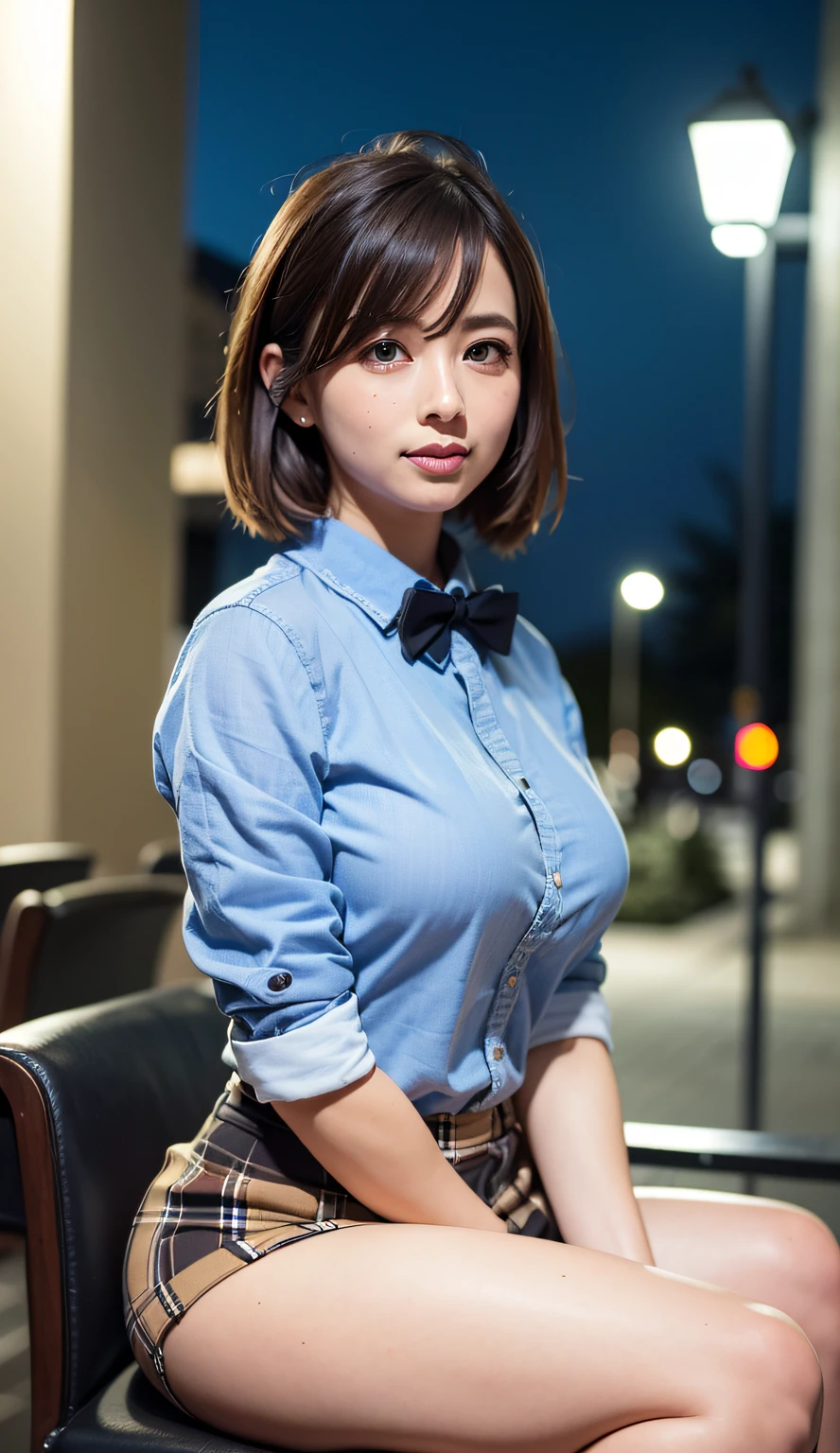 (8k, RAW photo, best quality, masterpiece:1.2), (realistic, photo-realistic:1.37), ultra-detailed,
1 girl,cute, solo,beautiful detailed sky,detailed cafe,night,sitting,dating,(nose blush),(smile:1.1),(closed mouth),large breasts, seductive smile, large aparture, professional lighting, Sony A7R4, Zessie 50mm F1.8,
medium breasts,beautiful detailed eyes,(collared shirt:1.1), bowtie,pleated skirt,(short hair:1.2),floating hair