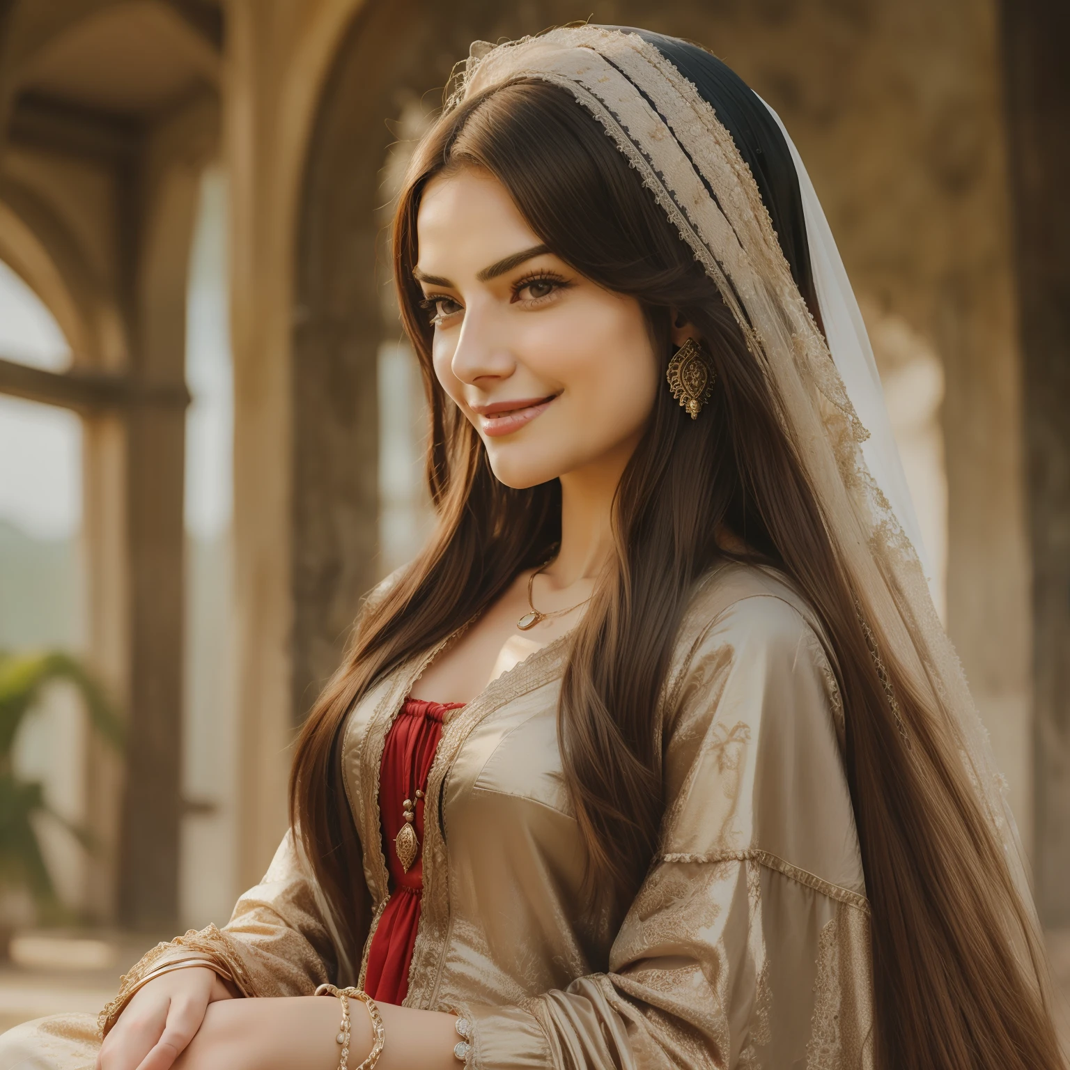 A closeup of a woman with long hair smiling for the camera, Maya Ali sorceress, very beautiful girl, beautiful beautiful, Maya Ali wind sorceress, Maya Ali Mage, Maya Ali sorceress, beautiful girl, she is about 1 6 years old, with cute - thin - face, Maya Ali, cute cute, actress, Yamy Yamy, in real reality amusement park