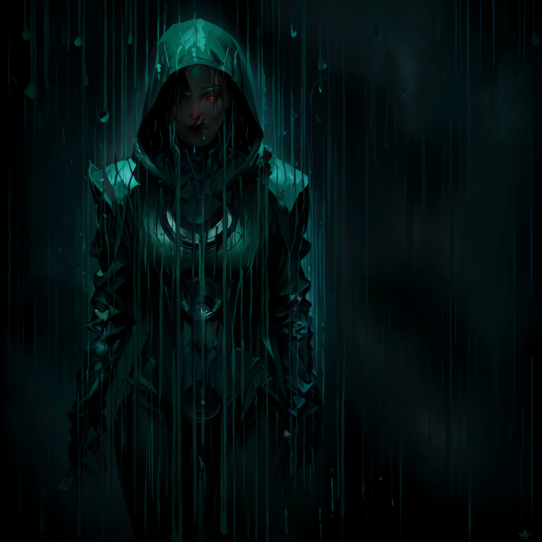 a hooded person standing in the matrix rain, in a cloak, neoartcore and charlie bowater, yuri shwedoff and tom bagshaw, by WLOP, charlie bowater art style, 4k detailed digital art, charlie bowater character art, dark cyberpunk illustration, dark fantasy style art, emotional concept art, detailed matte cyber portrait