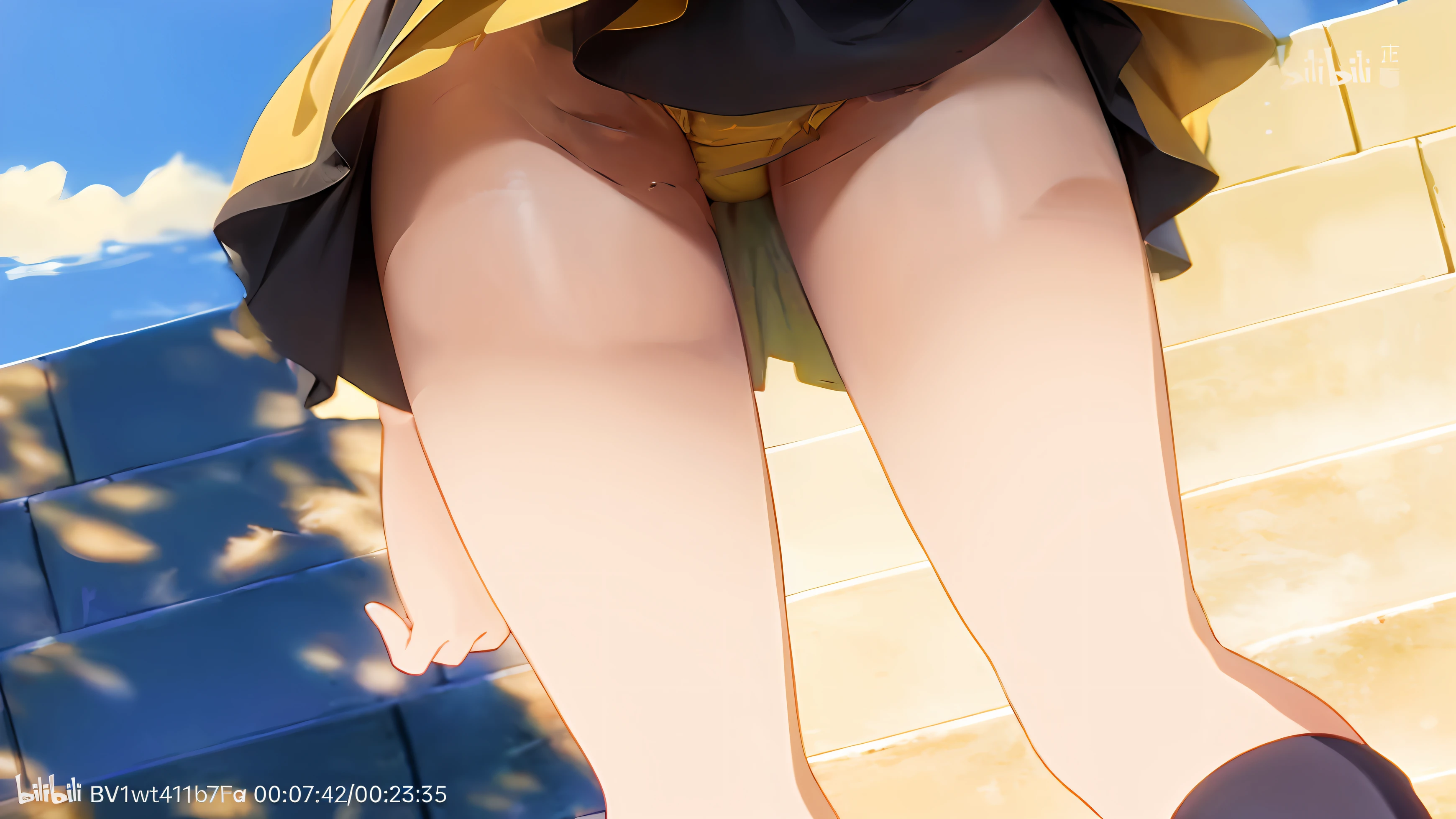 Anime girl in yellow dress and black shoes, thigh close-up,Detailed leg lines and curves, close-up on legs, Attention to detail, Tong