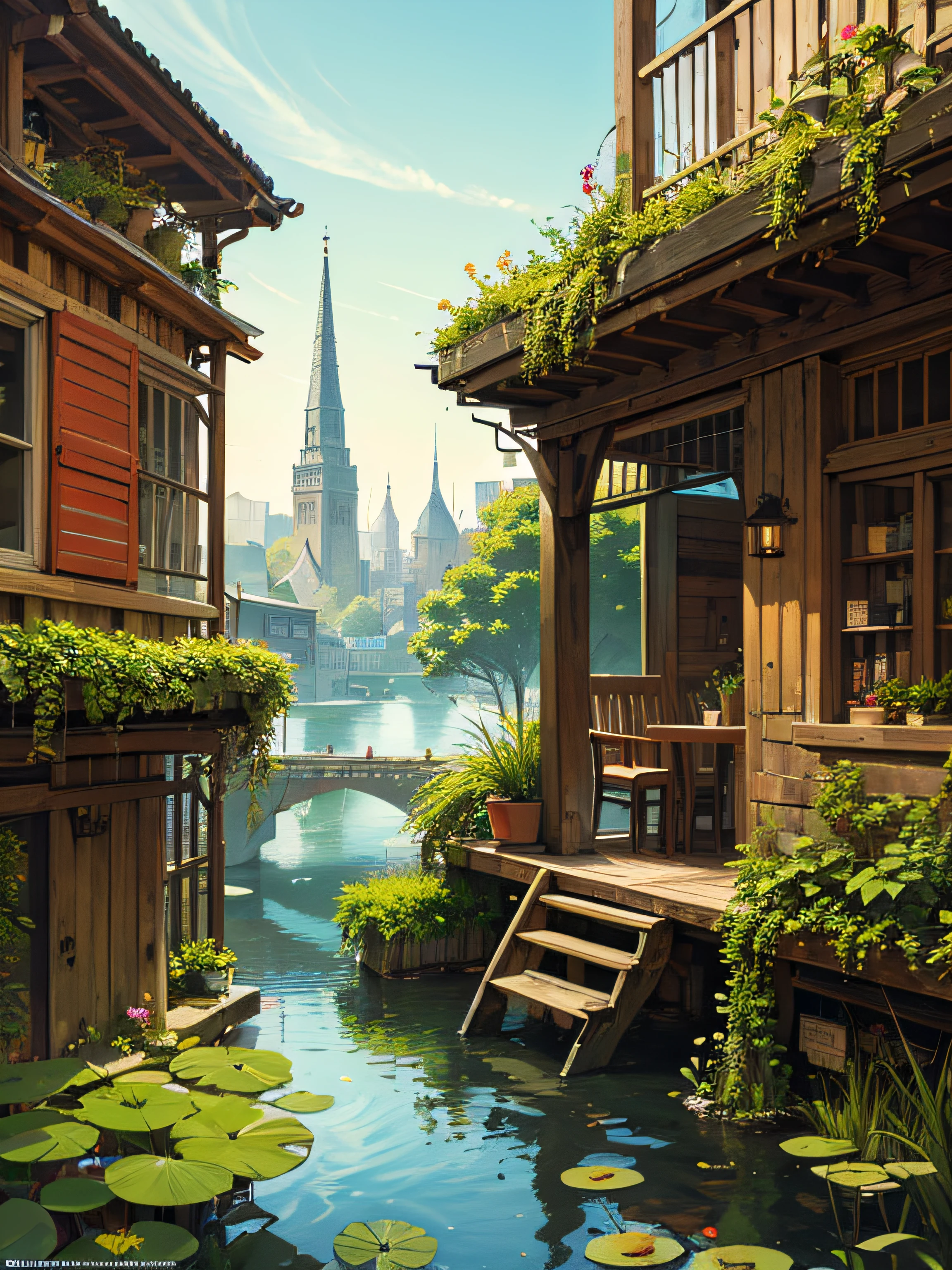 (micro-landscape:1.5),(best quality), ((masterpiece)), (highres), illustration, original, extremely detailed wallpaper, no humans, window, scenery, plant, water, potted plant, outdoors, building, door, house, flower pot, day, lily pad, chair, flower, table, stairs, watermark, hat, tree, sunlight, pond, grass, indoors, reflection, lamp, balcony, black headwear, bush, sky, railing, desk, open window, shelf, leaf, book, web address, copyright name, ladder, architecture, shadow, solo, dated, vines, vase, city, cafe, lantern, bucket, ruins, bench, shop, signature, moss, boat, barrel, river,