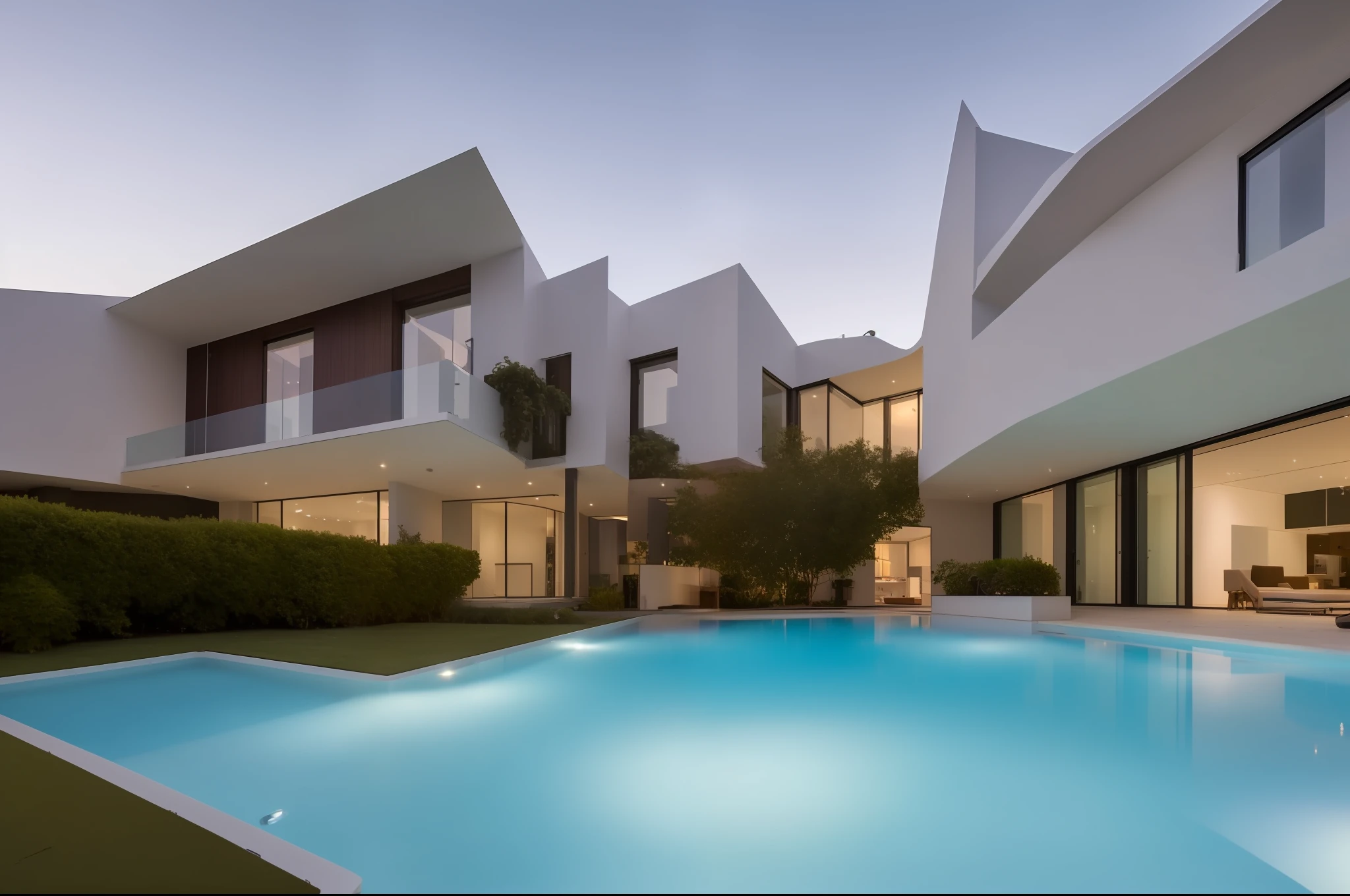 dvArchInteriorEstilo moderno, quarto, cama King Moderna , janela para fora, detalhes sutis, 24mm, f1.8, sombras, sunset lighting, grande angular, fotografia de arquitetura premiada, luz difusa, luz suave vista para piscina