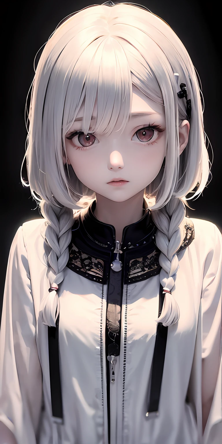 top-quality、masterpiece、White hair、Red Eyes、((Dark brown skin color ))、White clothes、look up to、The upper part of the body、Hair strands、Side braid、FFXIV、lalafell、Red Demon Taoist