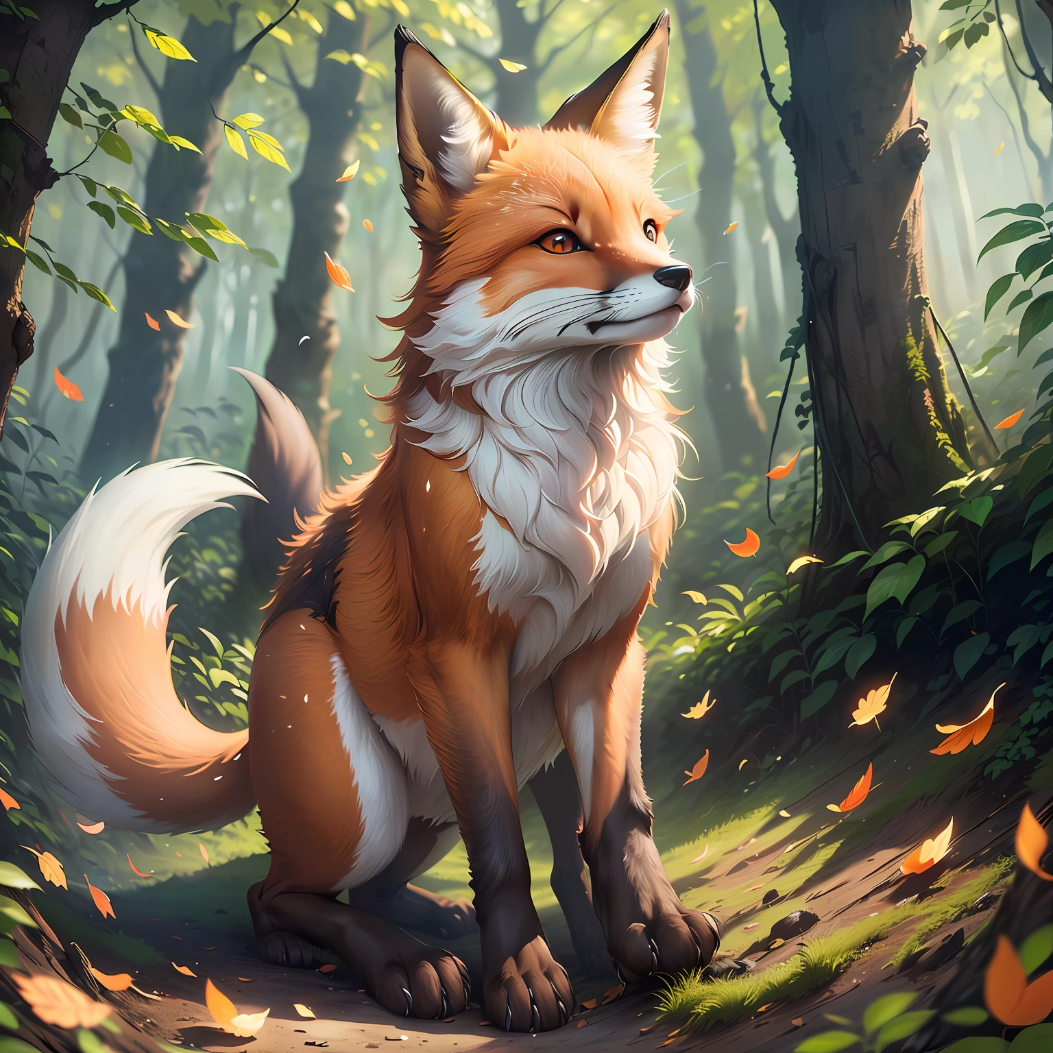 A fox spirit mid-leap between the human world and spirit world, long robes trailing ethereal smoke, soft warm sunrays in human world, cool mystical fog in spirit world, by Jie Ma --auto