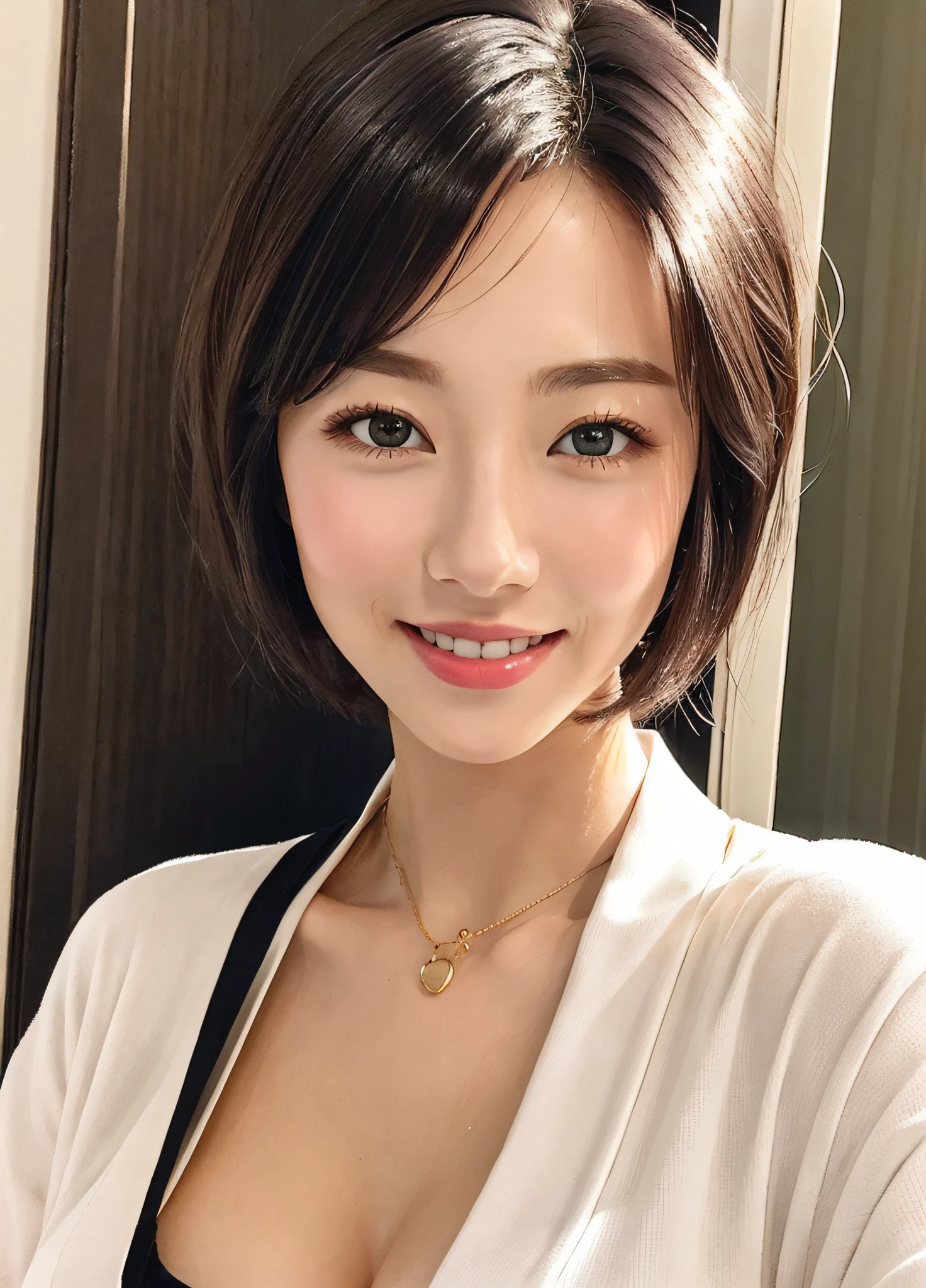 (masterpiece:1.3), (8K, Photorealsitic, Raw photography, Top image quality: 1.4),Face Close-up、portraitures、 japanes, (1girl in),actress、 beauitful face, (Lifelike face), (A dark-haired, short-hair:1.5), Beautiful hairstyle, realisticeyes, Eyes in Beautiful Details, (real looking skin), Beautiful skins,Sweaty skin、 enticing, 超A high resolution, A hyper-realistic, high detailing, the golden ratio, (Detal Face:1.2), see the beholder,A smile,I can see the cleavage、Open white bathrobe,hotels room、
