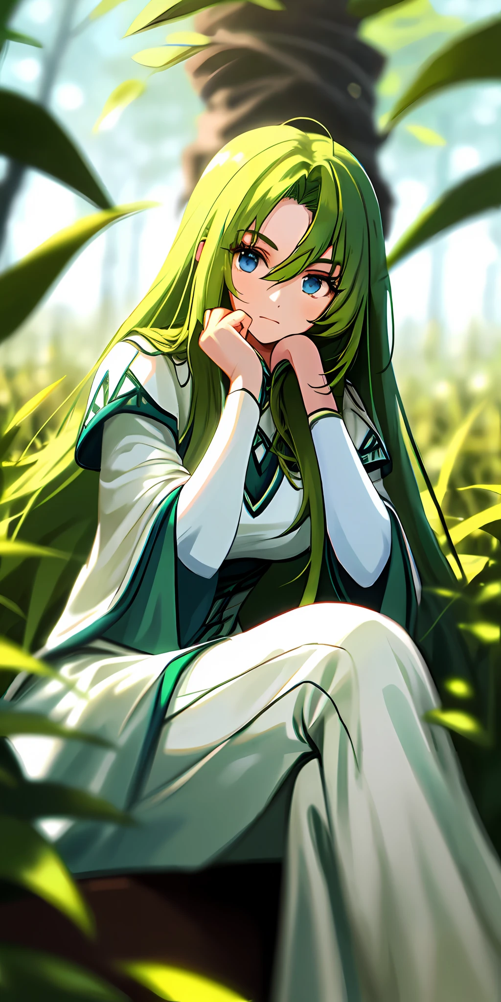 (masterpiece, best quality),1 girl with yellow-green hair sitting in a field of green plants, her hand under his chin, long hair, blue eyes, warm lighting, white costume, blurry foreground