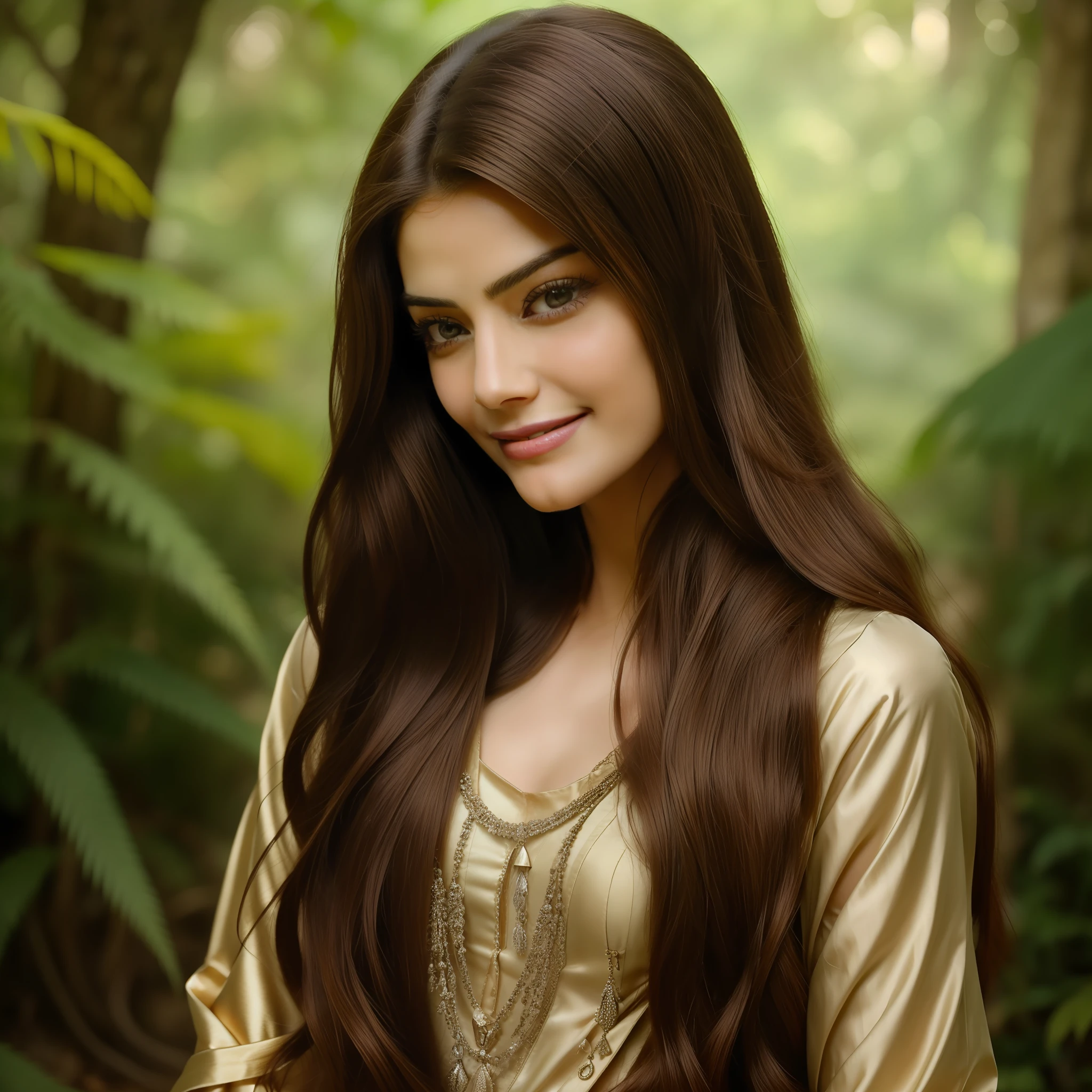 A closeup of a woman with long hair smiling for the camera, Maya Ali sorceress, very beautiful girl, beautiful beautiful, Maya Ali wind sorceress, Maya Ali Mage, Maya Ali sorceress, beautiful girl, she is about 1 6 years old, with cute - thin - face, Maya Ali, cute cute, actress, Yamy Yamy, forest