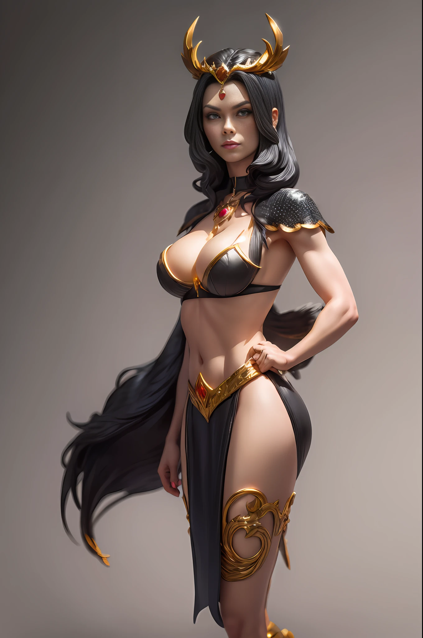Anime girl as a Botticelli model, fruits, 3d, q printing, figurine, ((neutral gray background)), Dejah Thoris is a stunning princess of Mars, who resembles a blend of Natalie Dormer and Gal Gadot. She has black hair, freckles, and a seductive body that is covered by golden jewelry, (freckles, underboob), 20 yo, natural, amazing body, gold adornments, pronounced feminine feature, speaking, serious, wise,