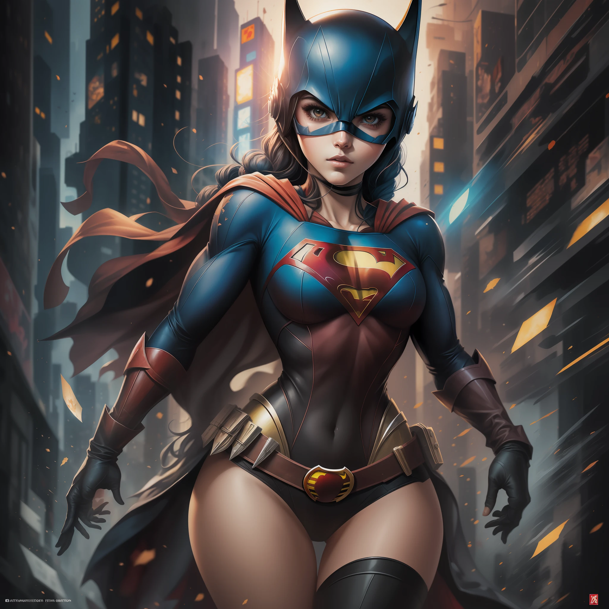 uma obra-prima, uma batgirl/supergirl da comic, vestindo traje amarelo alternativo, shy and seductive, corpo inteiro, Kim Jung gi, liberdade, alma, digital illustation, comiс style, cyberpunk, anatomia perfeita, centrado, Approaching perfection, dynamic, altamente detalhado, pintura em aquarela, arts station, arte conceitual, suave, foco nítido, arte Griffiths e Wadim Kashin, only one, premiado, obra-prima