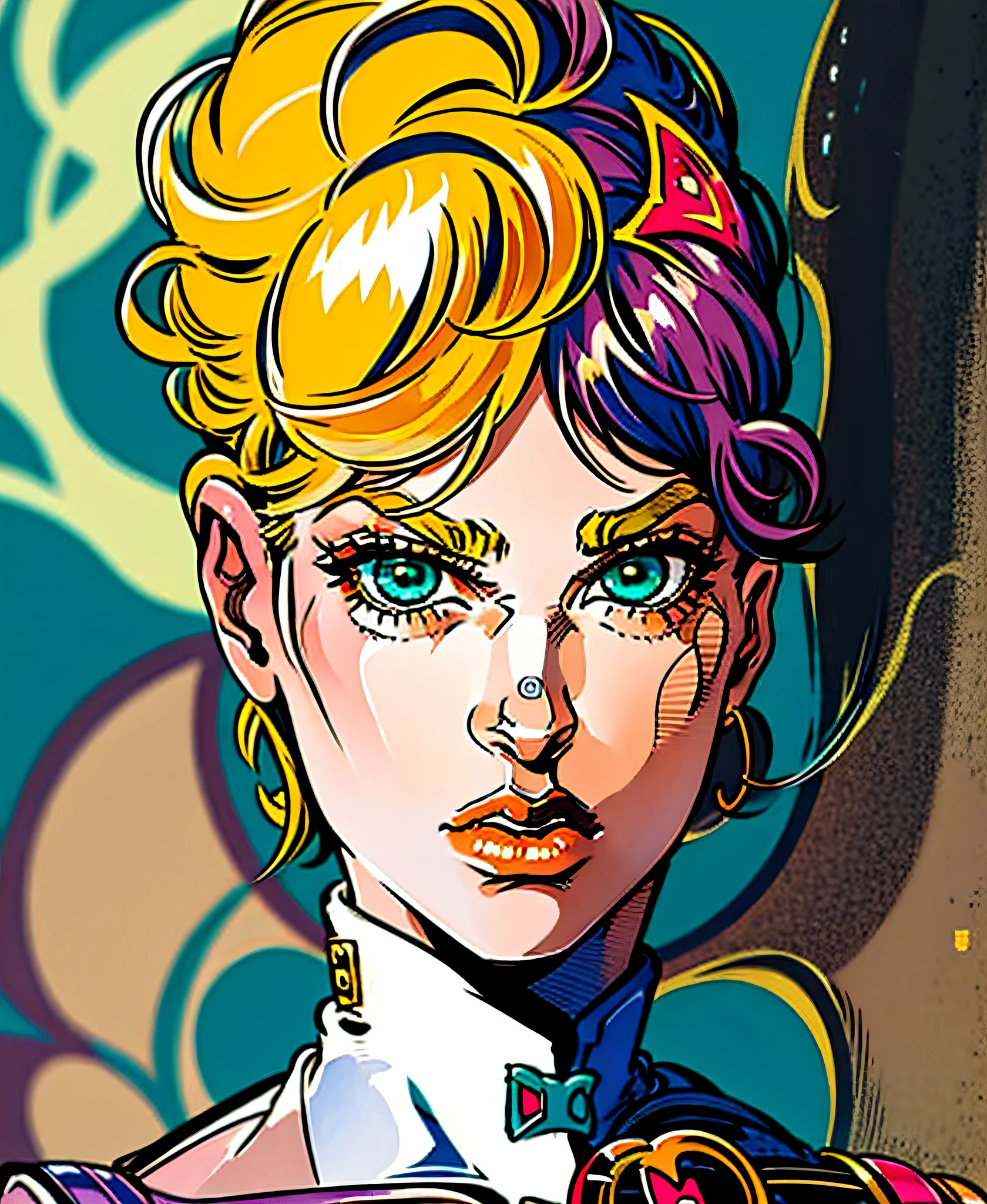 ((solo)). , halfbody, giorno, jojo, gionojojo, 1boy, male, blonde hair, green eyes, eyelashes, clear eyes, character portrait ((colorful))  arakistyle