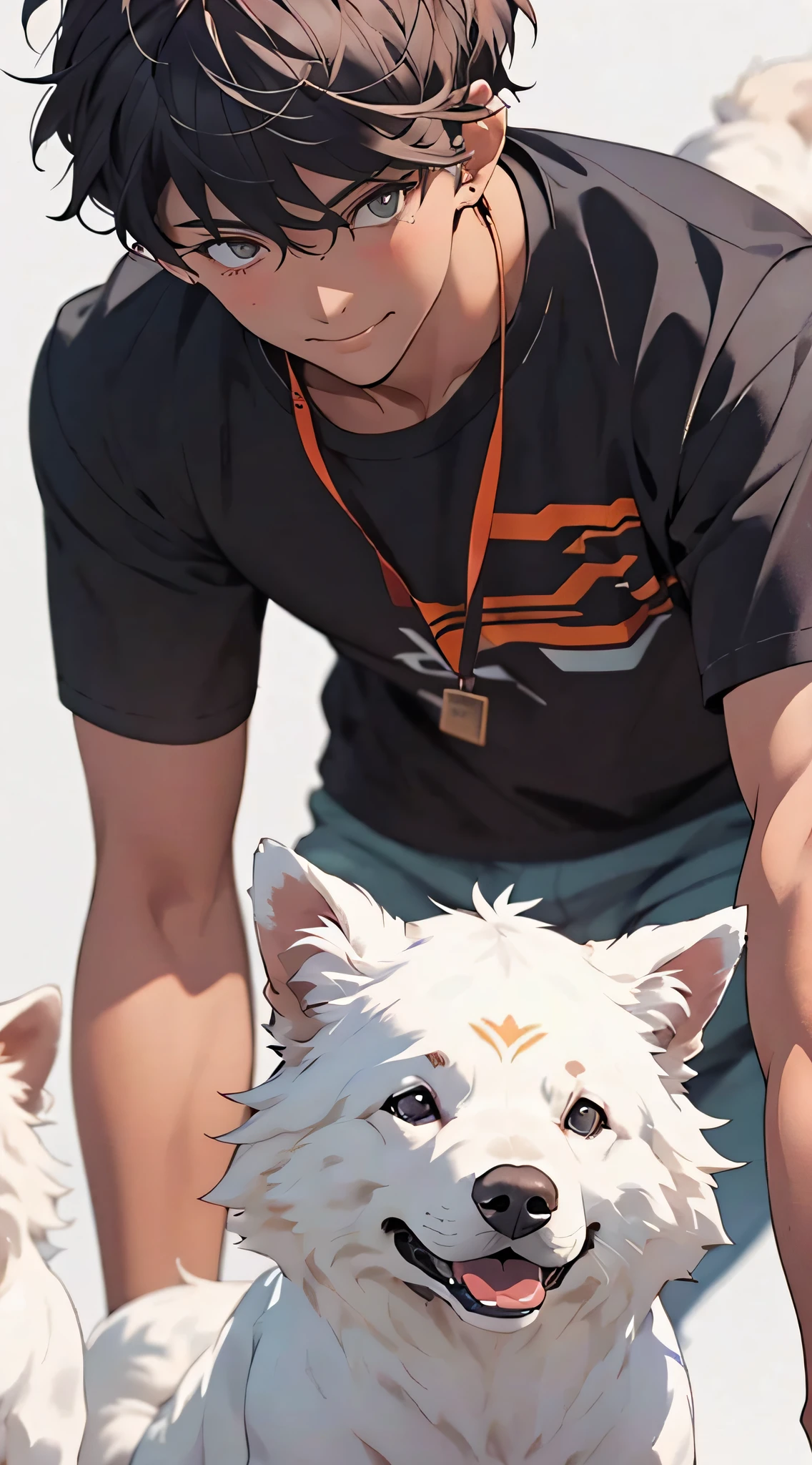 realisticlying,(tmasterpiece,top Quority,best qualtiy),3d,1boy,Pet dogs,looking to the camera,coloured background,ssmile,Black super short hair,Handsome man,white short sleeve