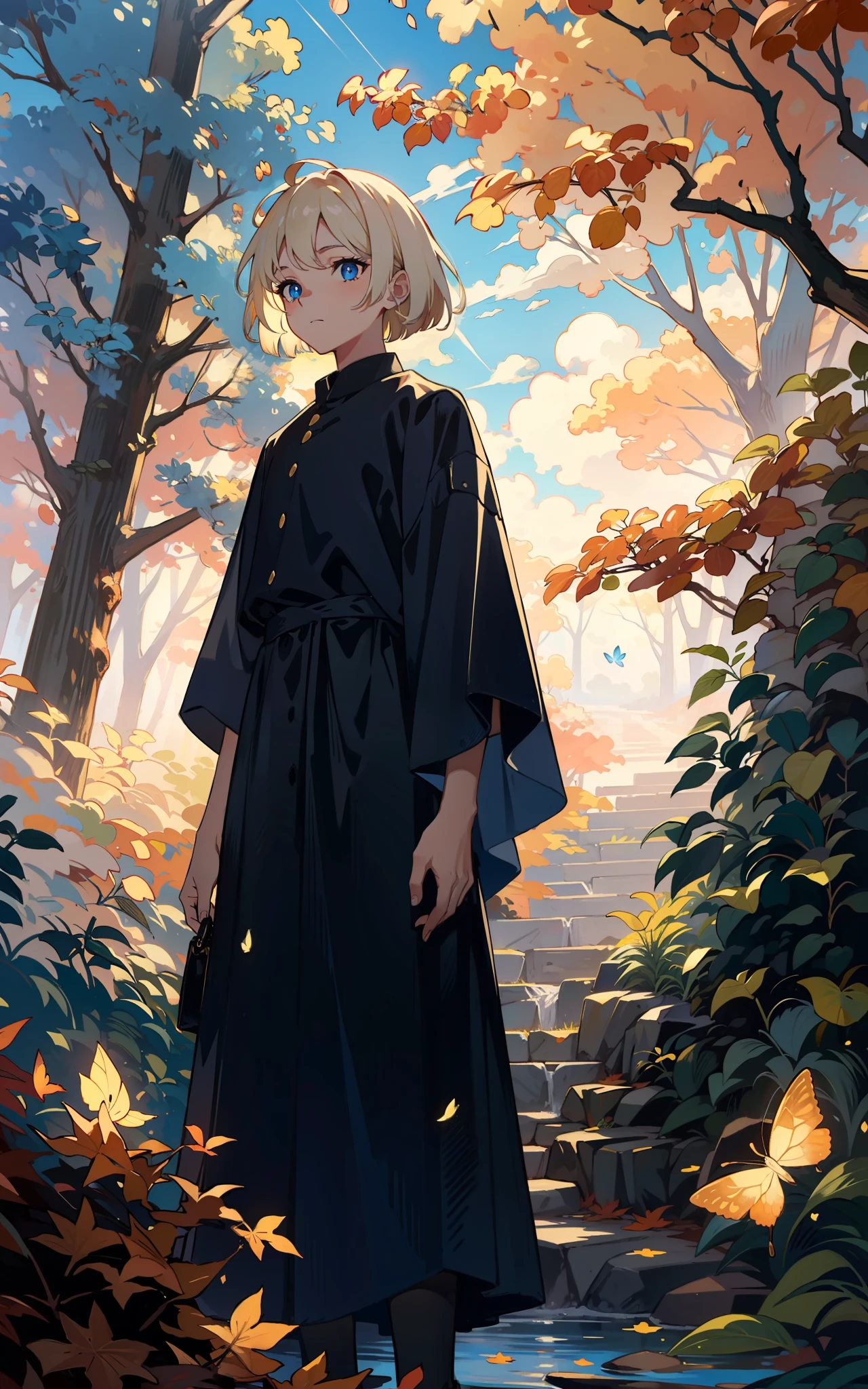 Fire in the forest, black smoke, masterpiece,best quality,HDR.UHD.4K,8K,64K,Highly detailed,ultra-finepainting,extreme detail description,Professional, ung man, volumetric light, platinum blonde hair, bob cut, butterfly, best quality, illustration, beautiful detailed eyes, blue eyes, pose, white costume, In forests with autumn leaves, standing, from below,