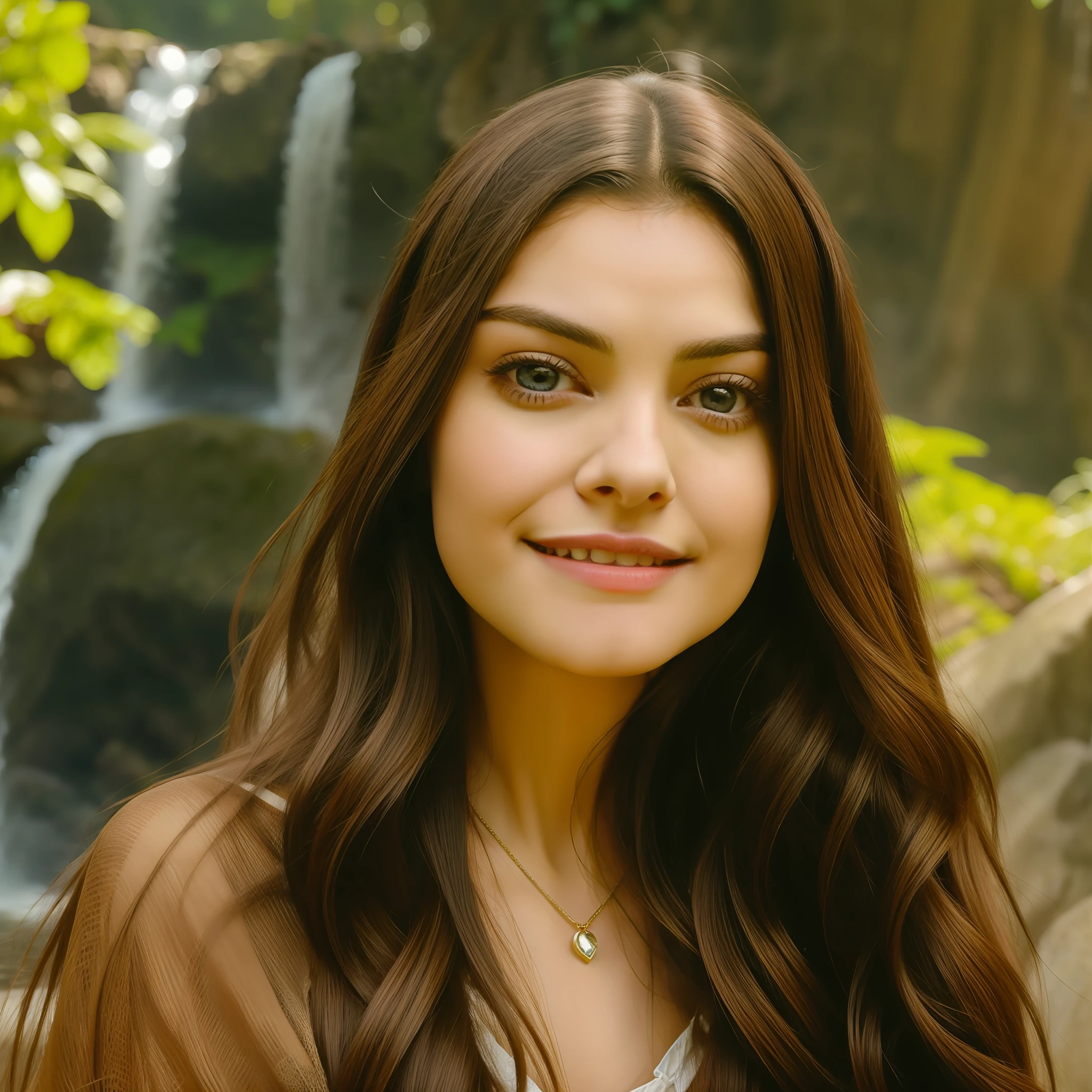 A closeup of a woman with long hair smiling for the camera, Maya Ali sorceress, very beautiful girl, beautiful pretty, Maya Ali wind sorceress, Maya Ali Mage, Maya Ali sorceress, beautiful girl, she is about 1 6 years old, with cute - thin - face, Maya Ali, cute cute, actress, Yamy Yamy, in the waterfall