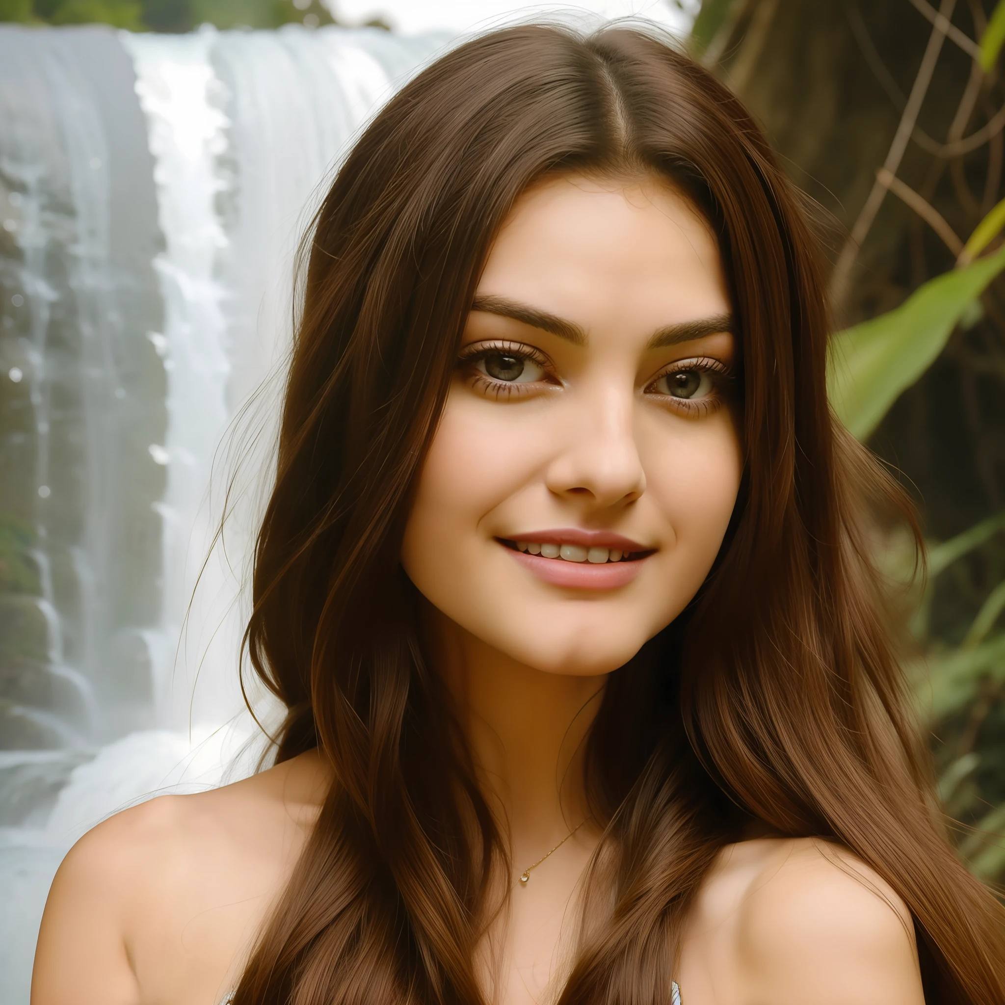 A closeup of a woman with long hair smiling for the camera, Maya Ali sorceress, very beautiful girl, beautiful pretty, Maya Ali wind sorceress, Maya Ali Mage, Maya Ali sorceress, beautiful girl, she is about 1 6 , with cute - thin - face, Maya Ali, cute cute, actress, Yamy Yamy, in the waterfall