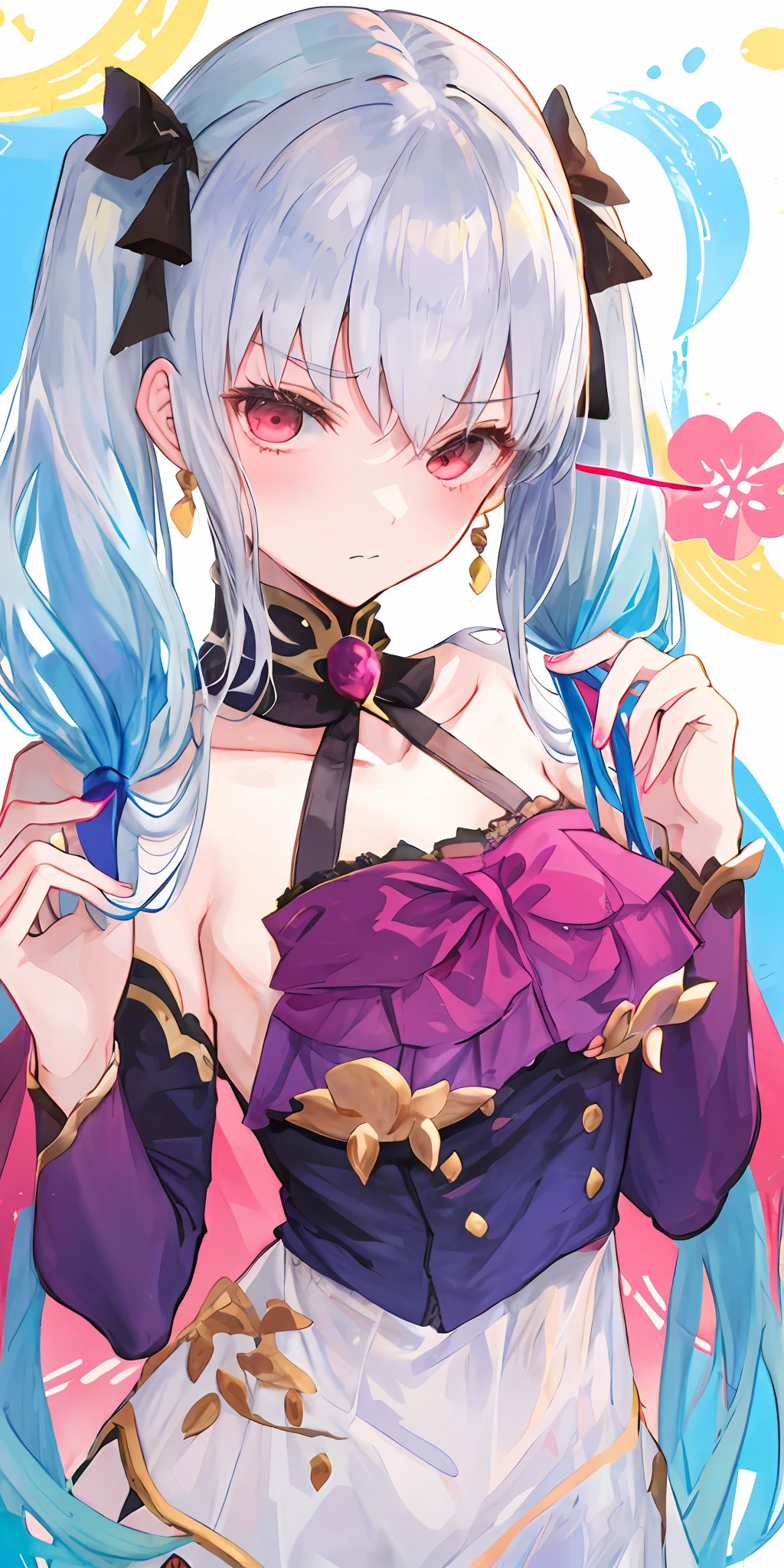 fgo Style,Kama \(fates\), Kama Adult, length hair, hugetits, undergarment, a masterpiece of, top-quality, 1girl in, looking at the viewers,(((Pigtails)))、Shameful face、Embarrassed face、Long body、Colossal tits、