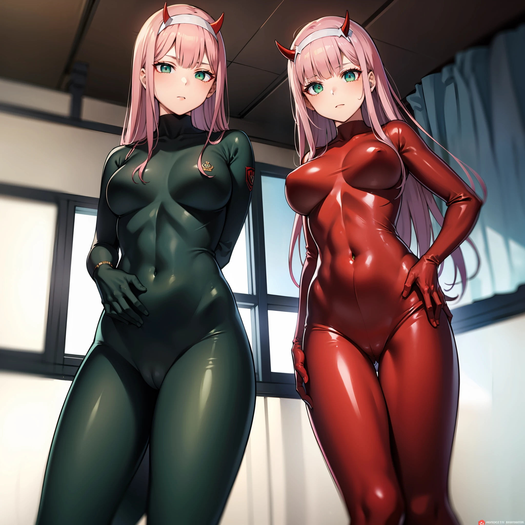 zerotwo, zero two, (green eyes:1.5), hairband, horns, long hair, pink hair, red horns, white hairband, BREAK bodysuit, covered navel, pilot suit, red bodysuit, science fiction, BREAK indoors, classroom, BREAK looking at viewer, BREAK (masterpiece:1.2), best quality, high resolution, unity 8k wallpaper, (illustration:0.8), (beautiful detailed eyes:1.6), extremely detailed face, perfect lighting, extremely detailed CG, (perfect hands, perfect anatomy), something stick up bottom part of the suit, shape like pipe, edge is smooth