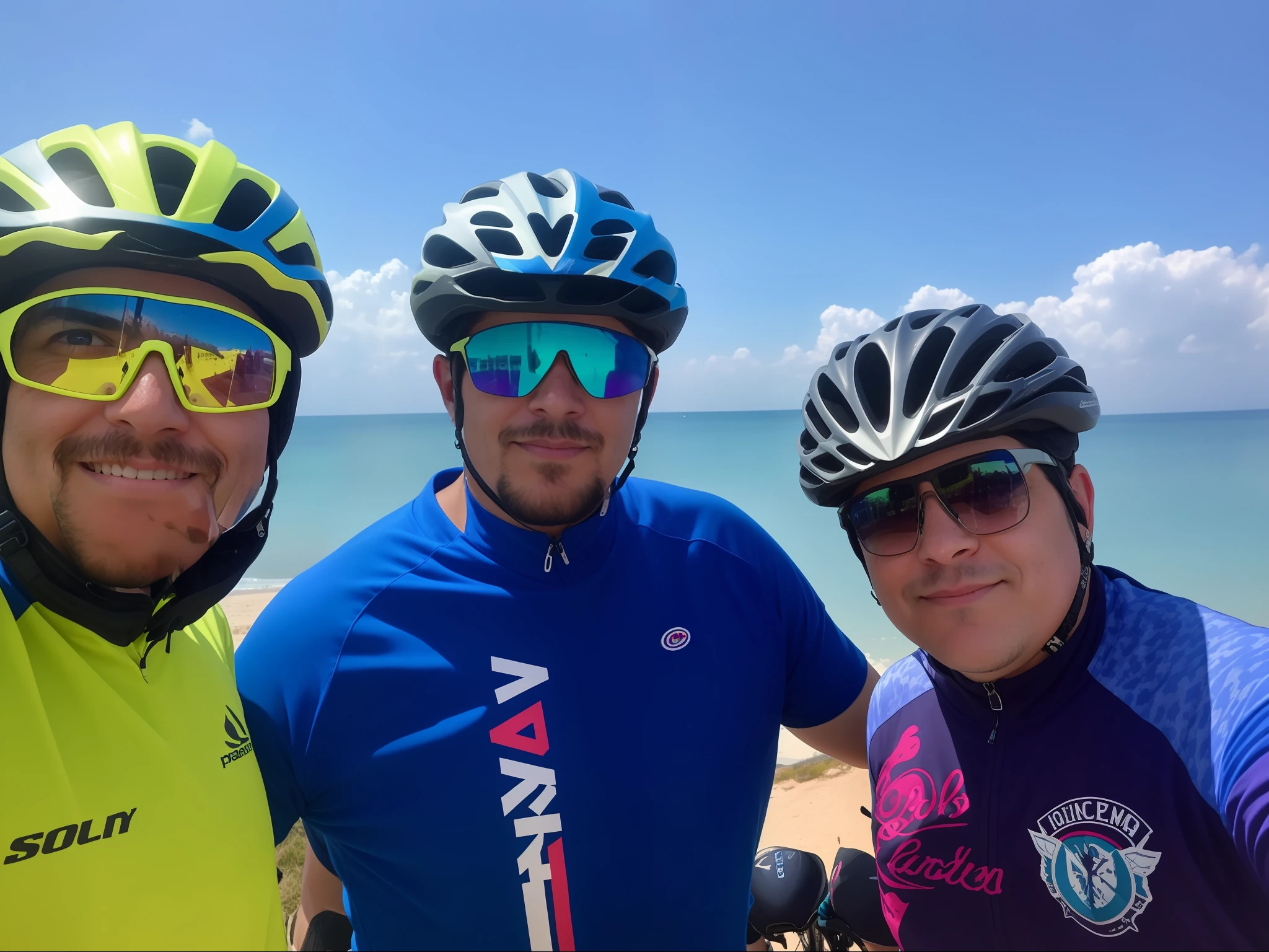 Three men wearing helmets and glasses posing for a photo, imagem de perfil, Viagem de bicicleta Hoffman, ciclismo!!, Directed by: Bernie D'Andrea, Paulo Pepera Pablo Roldan, foto de perfil, Capturado no iPhone, em cima dele, tirado no iphone 1 3 pro, 🤬 🤮 💕 🎀, tirado no iphone 14 pro, album photo, 3 heads